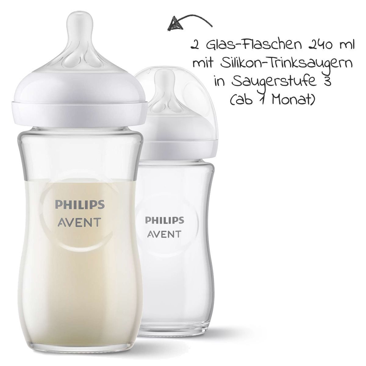 Philips AVENT Babyflasche Glas-Flasche Natural, 4er Pack Baby Glas-Flaschen 120ml & 240ml mit Silikon-Sauger