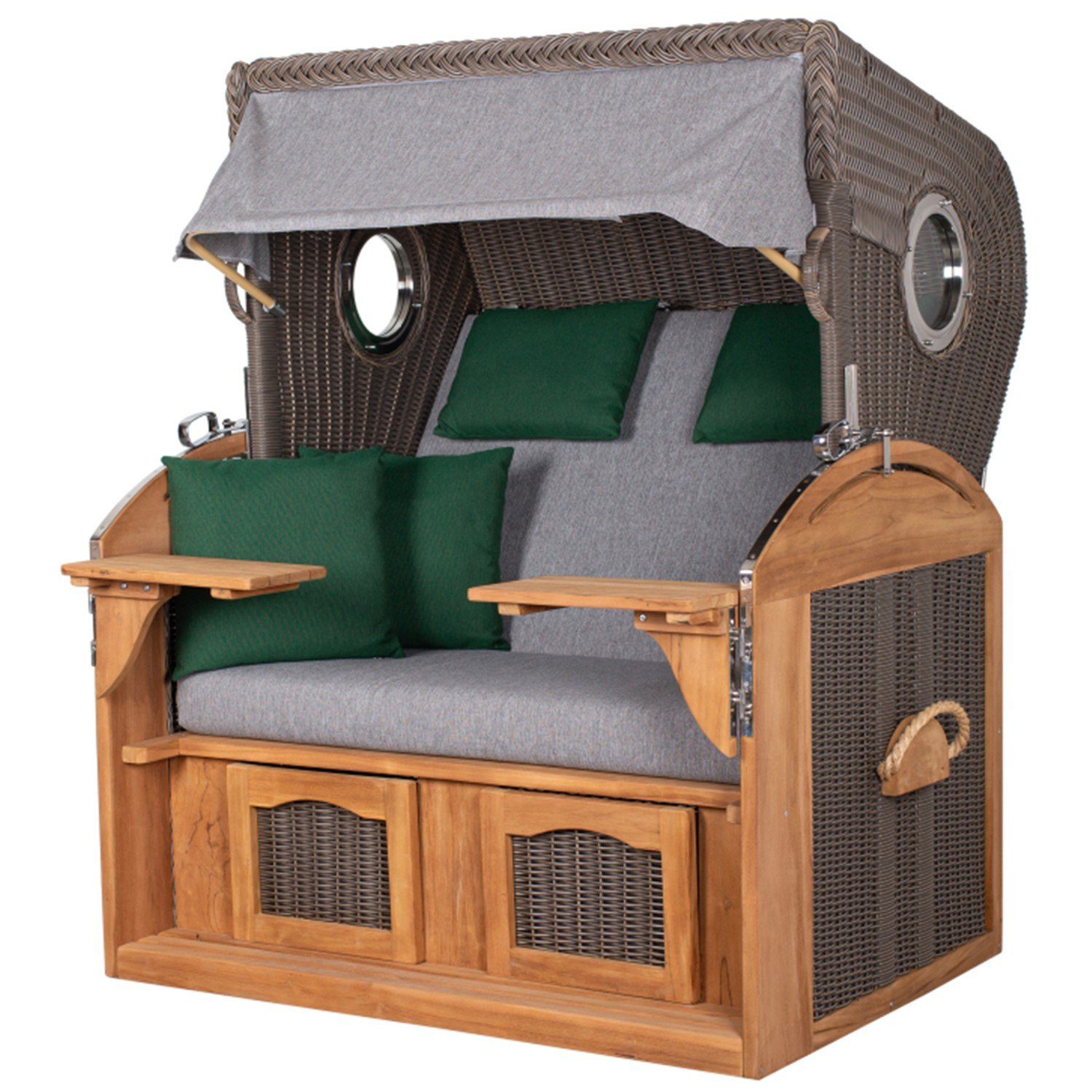 bene living Strandkorb Borkum XL Teak - PE grau - Modell 571, BxTxH: 142x95x170 cm, Volllieger ca. 180 Grad, Nordsee-Strandkorb Komplettset, inkl. Liftersystem und Bullaugen