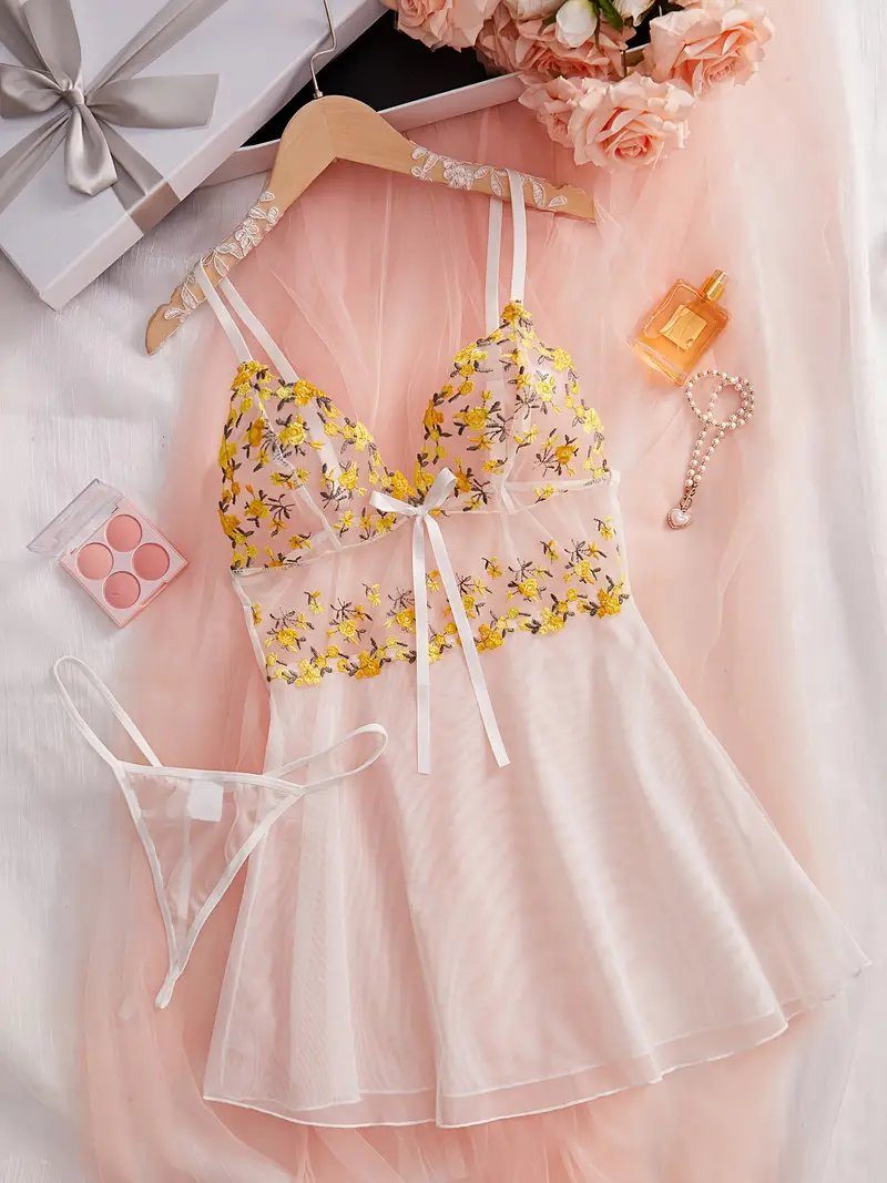 Elegant Love Schlafanzug Dessous mit Blumenstickerei, transparenter Kimono günstig online kaufen