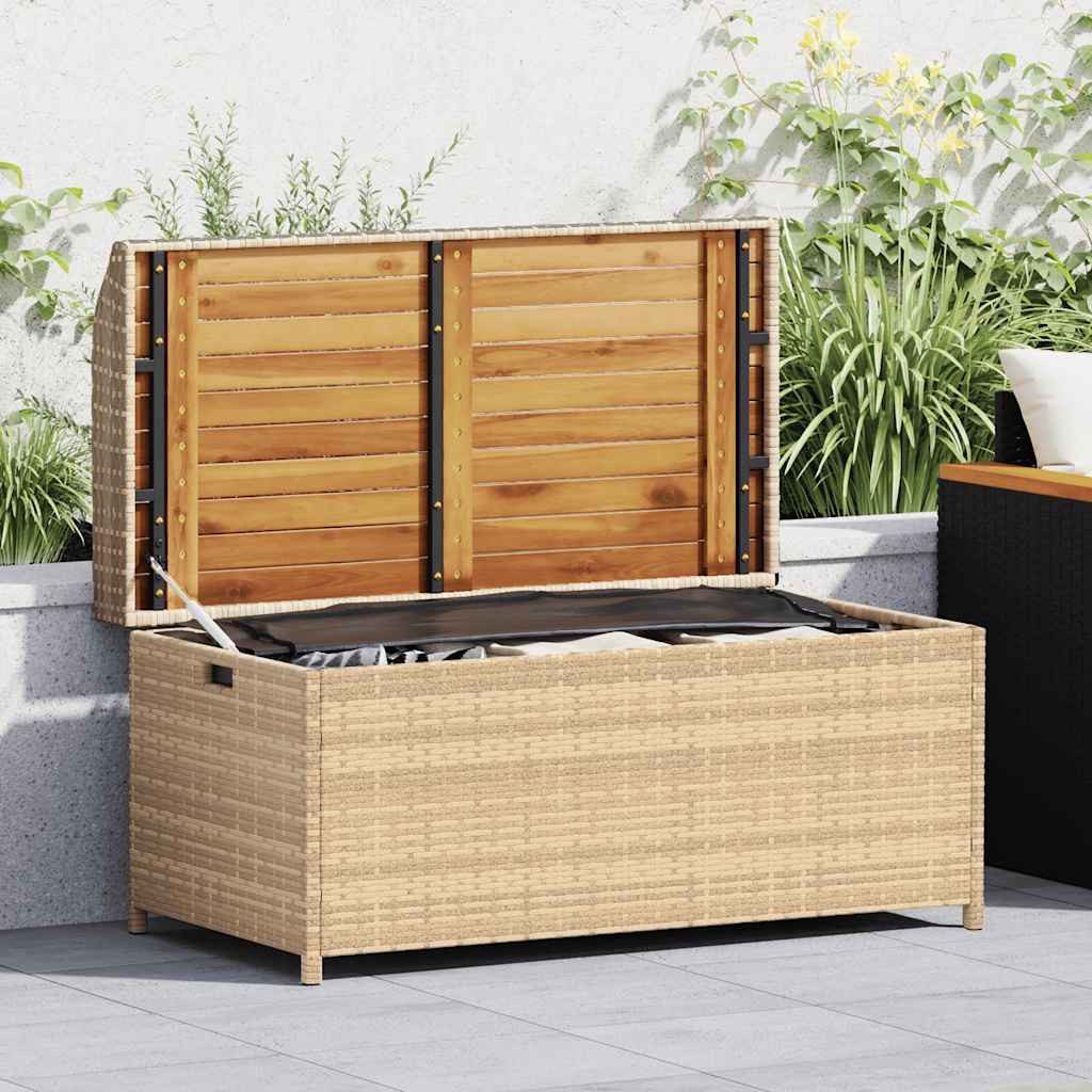 furnicato Truhenbank Bank mit Stauraum Beige 100x50x52 cm Poly Rattan Massivholz (1-St), UV-beständige Kissenbox mit Gasfeder und wasserfestem Innenbeutel