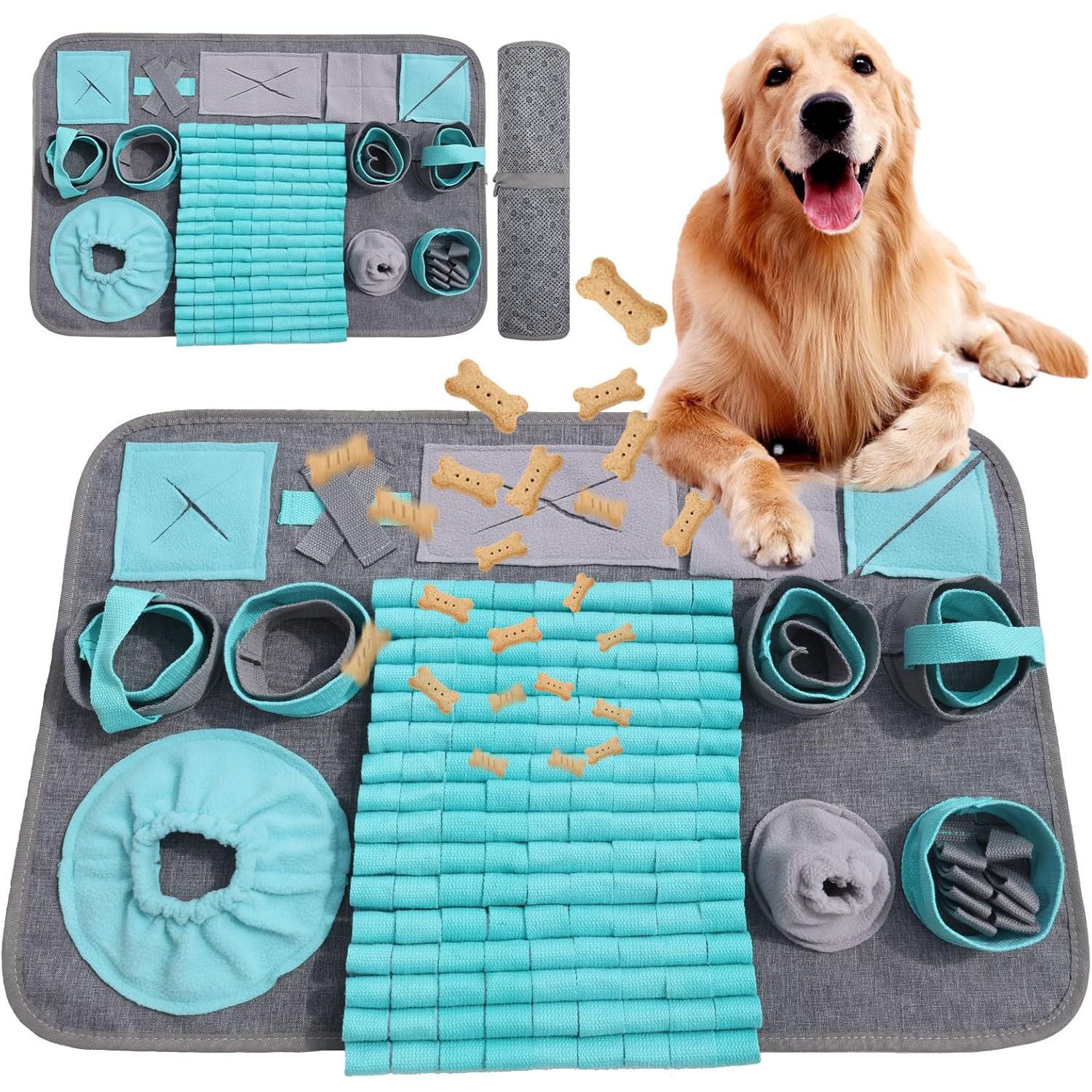 HEYHIPPO Schnüffelteppich Blauer Schnüffelteppich für Hunde,waschbar,Trainings-& Fütterungsmatte, Langsame Fütterungsmatte, 66 x 42 cm, Lernspielzeug für Haustiere