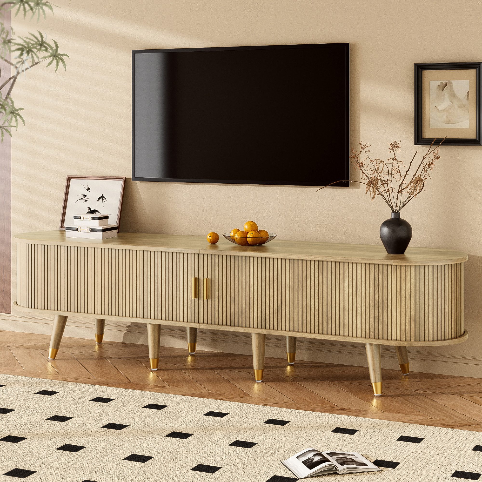 Yorbay TV-Schrank TV-Schrank 175 cm mit Rattan-Schiebetür, Walnussoptik & viel Stauraum Landhausstil Fernsehtisch mit offenen Fächern, Schubladen & Schrank