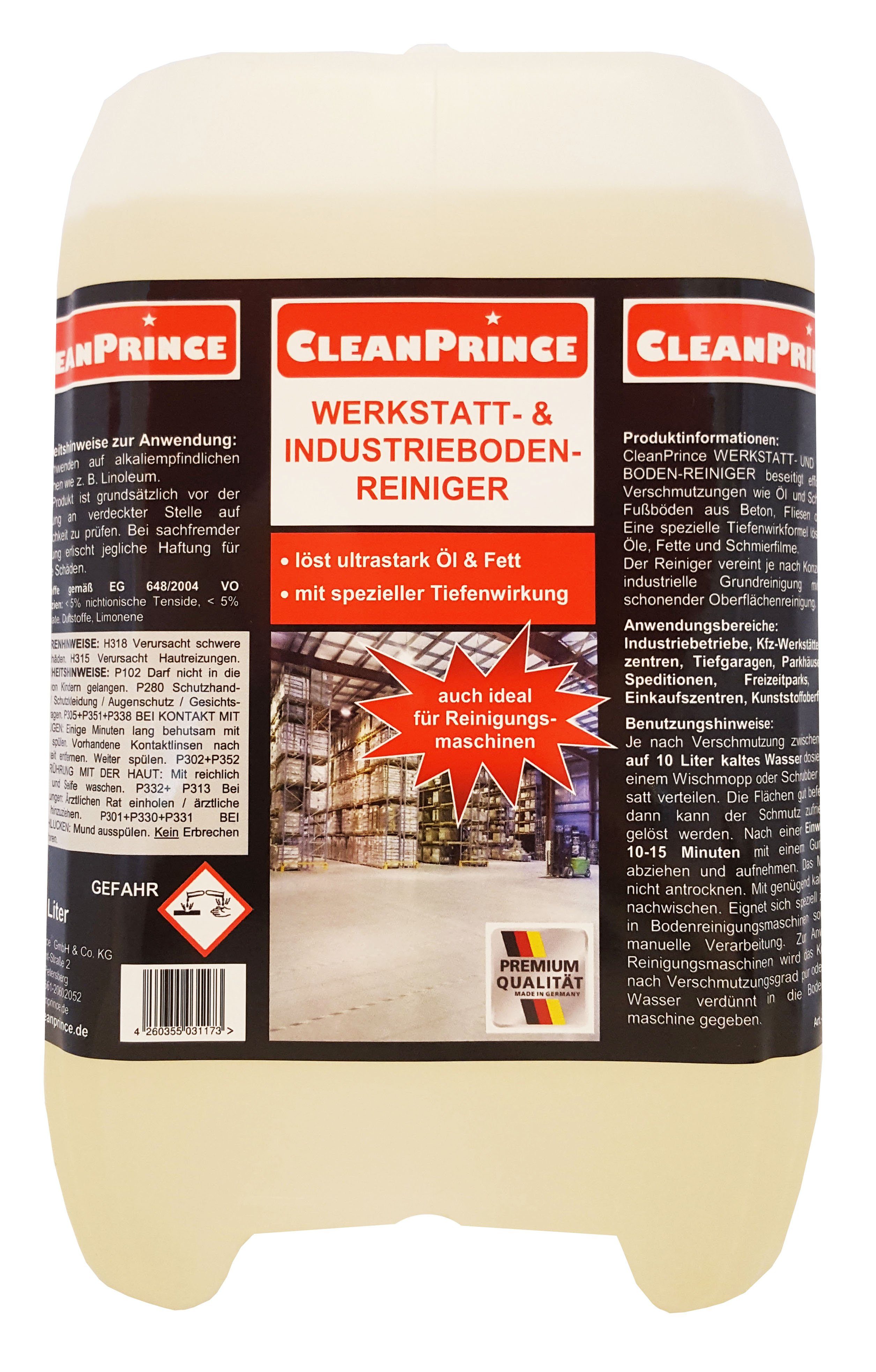 CleanPrince Werkstattbodenreiniger, für Industrieböden ultrastark Steinbodenreiniger (löst Öle & Schmierfilme auf Beton, Fliesen, Klinker)