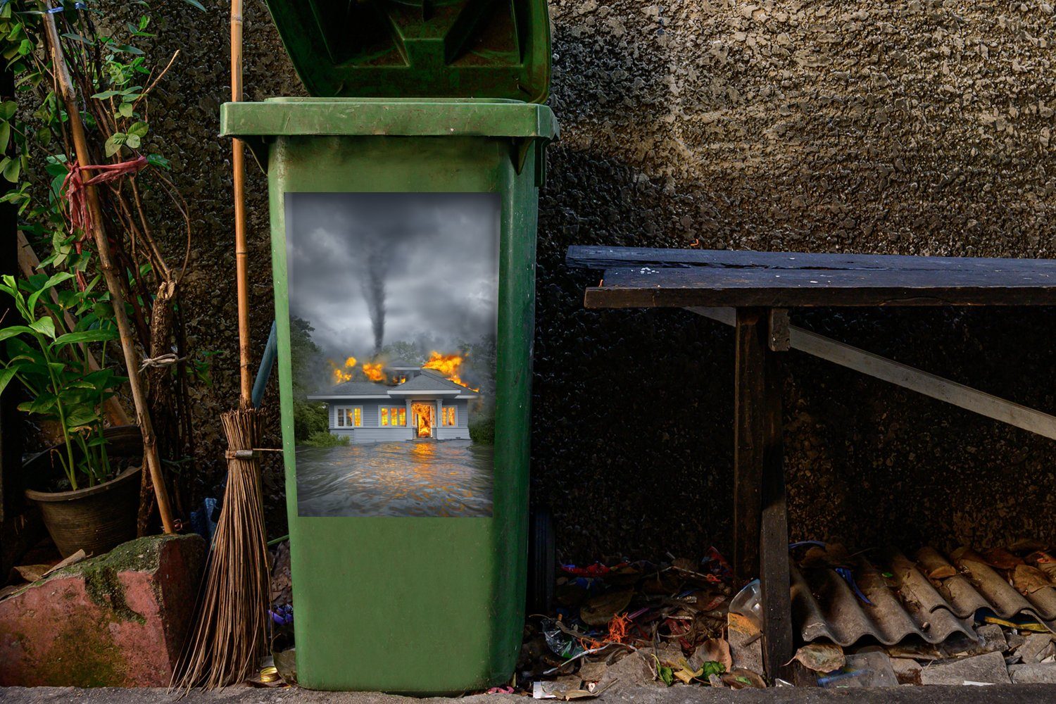 Mülltonne, (1 und Ein St), ein Abfalbehälter Tornado steht MuchoWow Sticker, Wandsticker Container, in Haus Mülleimer-aufkleber, Flammen