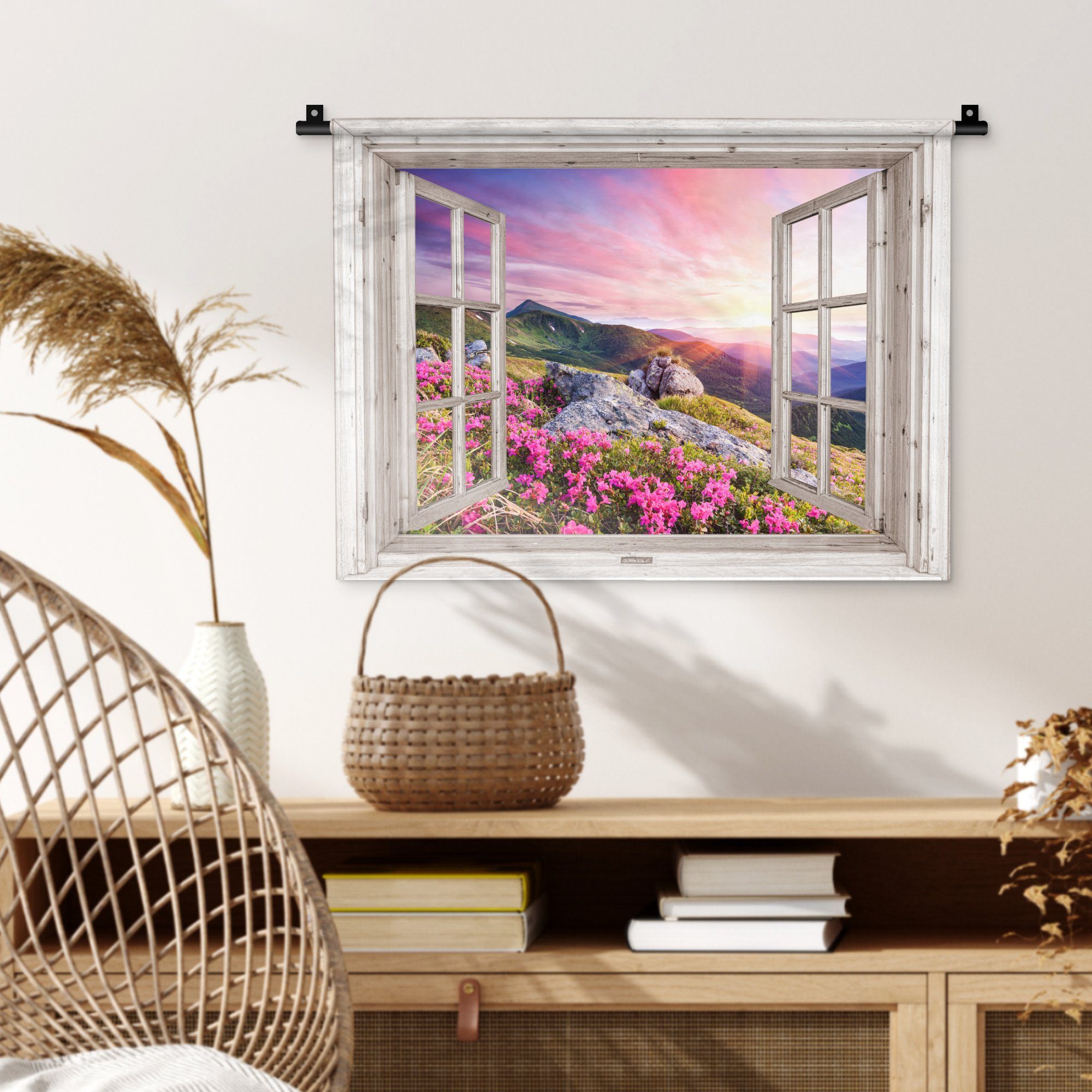 MuchoWow Wanddekoobjekt Berge Kleid, Wohnzimmer, Aussicht für Wanddeko - Kinderzimmer Rosa, - Abend - - Schlafzimmer, - Blumen Landschaft Wandbehang