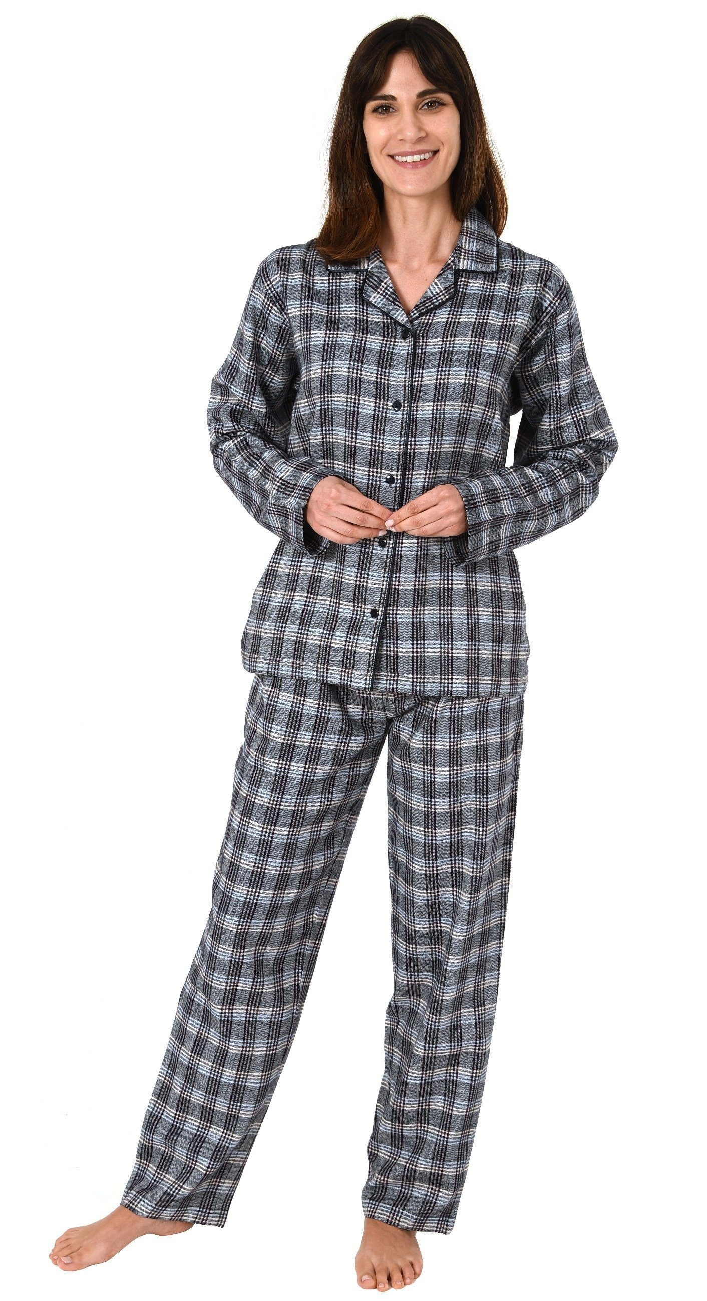  Normann Flanell in Schlafanzug - Pyjama langarm Übergrößen kariert auch Damen