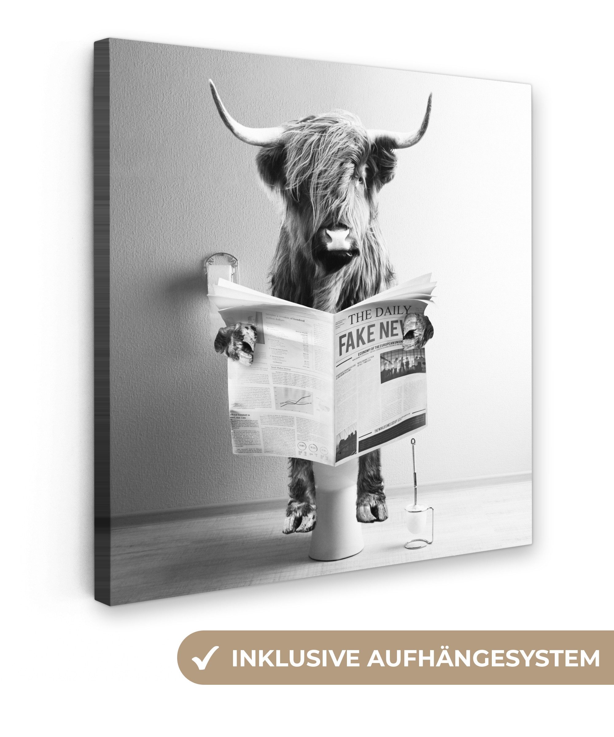 OneMillionCanvasses® Leinwandbild Schottischer Highlander - WC - Zeitung - günstig online kaufen