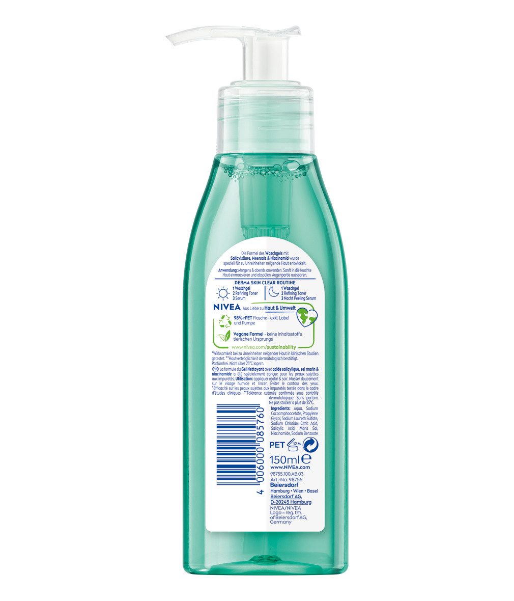 Nivea Gesichtsreinigungsgel Derma Skin Clear Waschgel, 3 x 150ml, 3-tlg.