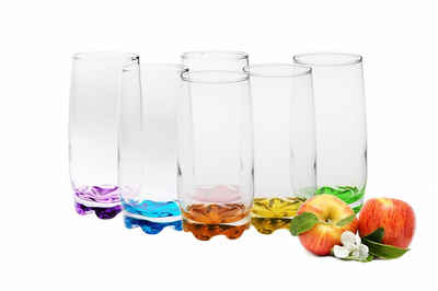 PLATINUX Glas Trinkgläser mit buntem Boden, Glas, 350ml Set 6 Teilig Wassergläser Saftgläser Frühstücksglas