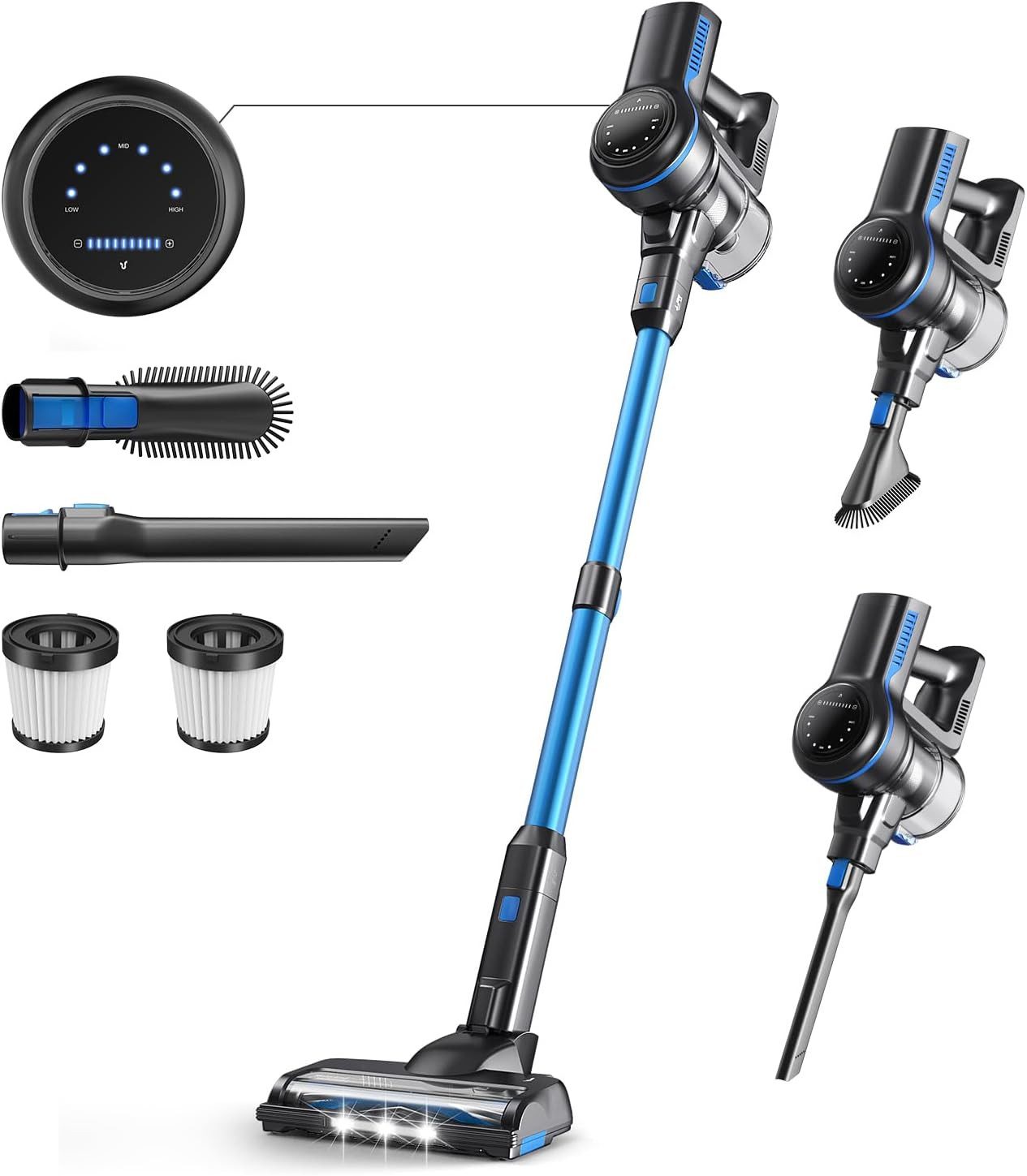 MIBODE Hand-und Stielstaubsauger INSE S7P Blau Kabelloser Stielstaubsauger LED-Display Softroller