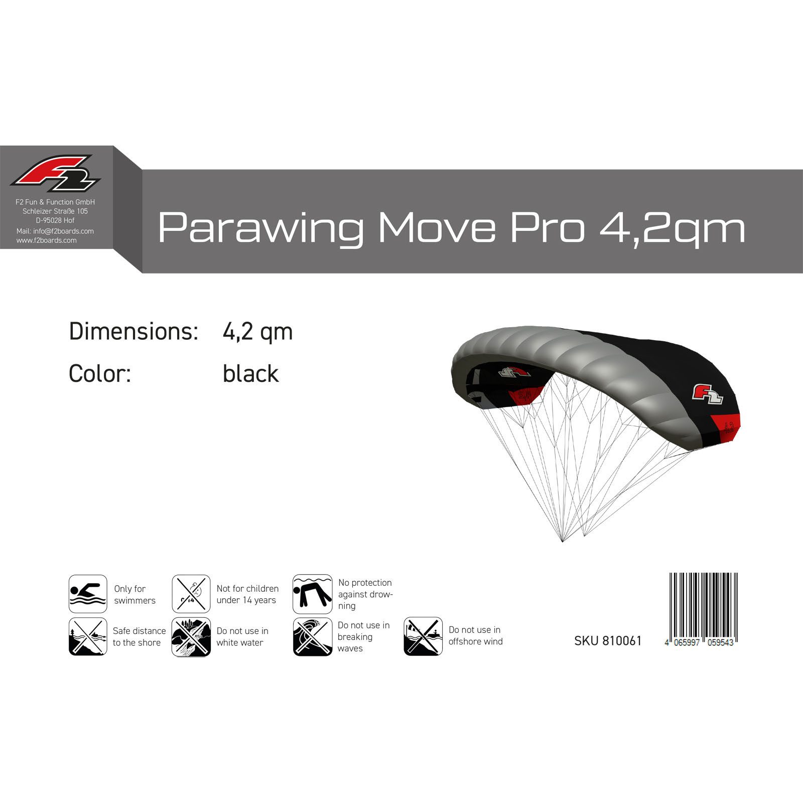 F2 Kite F2 Parawing Move Pro Wingfoil Wing 4,2qm Schwarz 2025