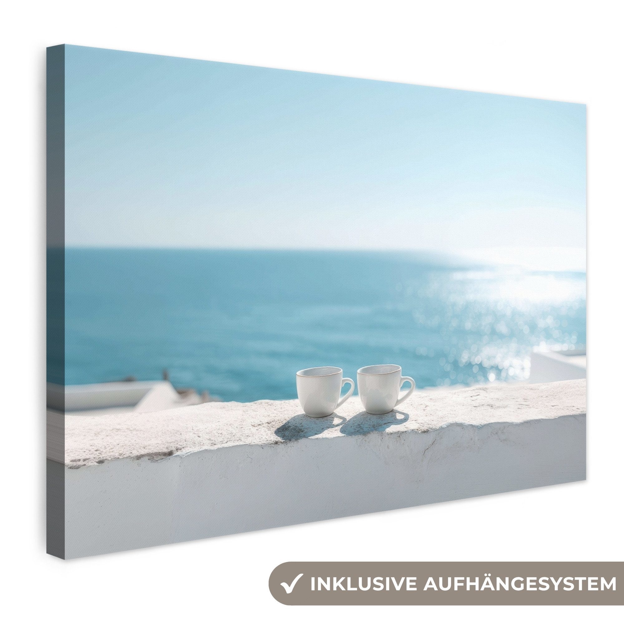 OneMillionCanvasses® Leinwandbild Meer - Kaffeetassen - Sommerlich, Fotodruck (1 St), Leinwand Bilder Klein, Wand Dekoration Aesthetic 30x20 cm