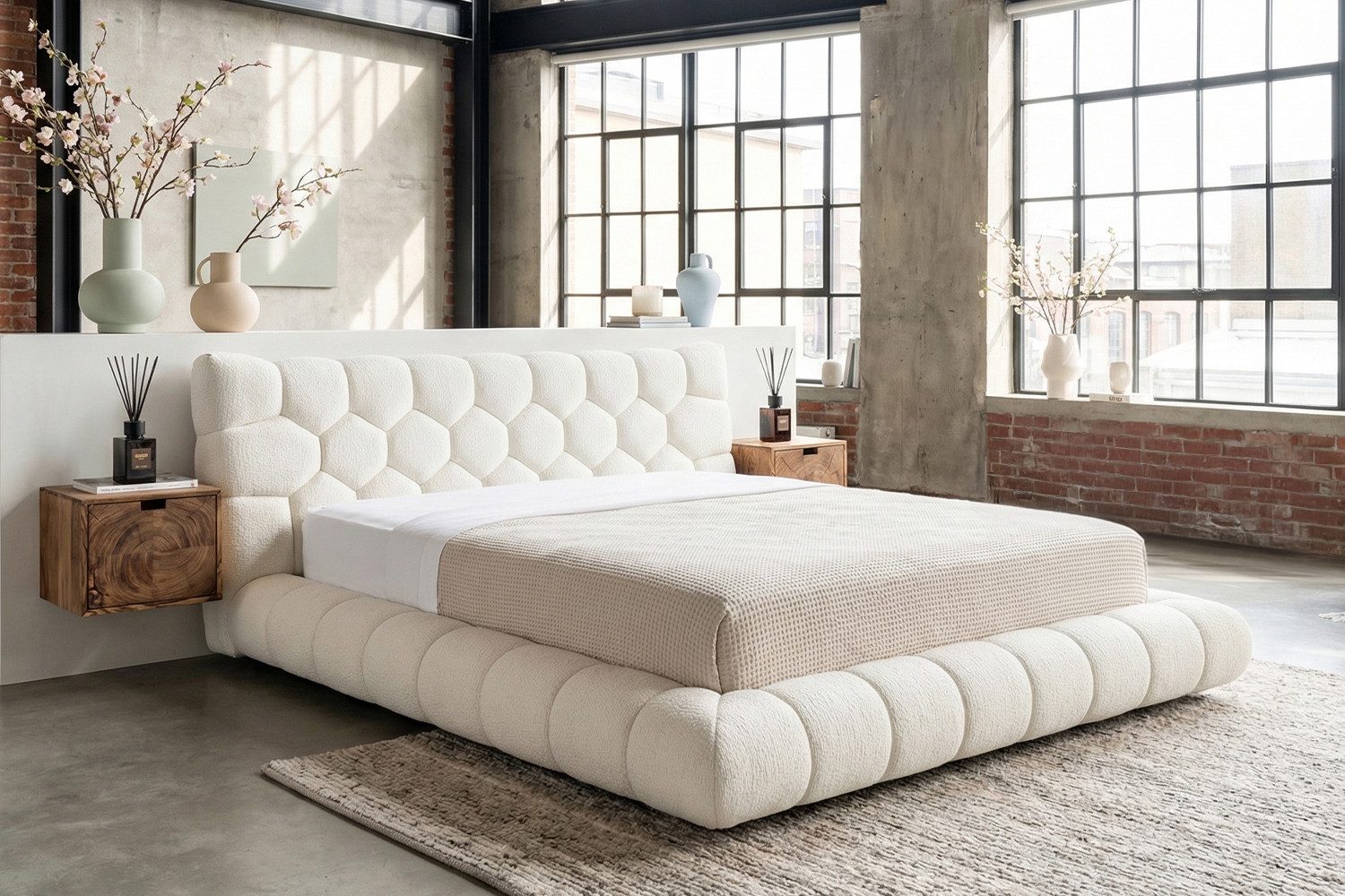 KAWOLA Polsterbett ATTICO Bouclé - Modernes Statement - Design Highlight, Inklusive Lattenrost 3-fach höhenverstellbar - Komfortabel & flexibel