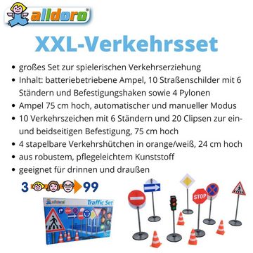 alldoro Spiel-Verkehrszeichen 60097, XXL-Verkehrsset mit 1 Ampel, 10 Straßenschilder, 4 Pylonen