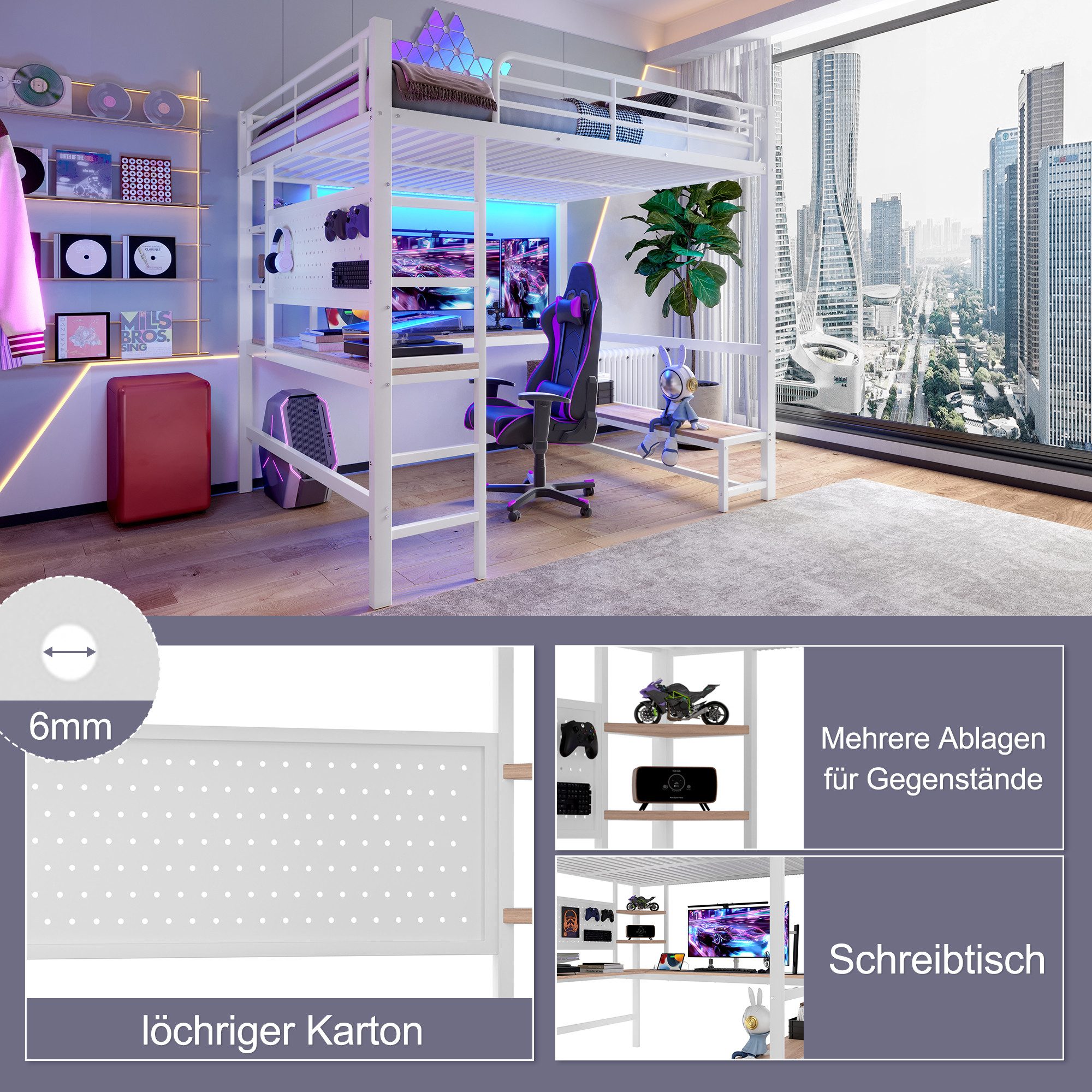 Flieks Hochbett Metallbett 140x200cm mit LED-Leiste, USB-Laden und Schreibtisch – Bild 4 von 5