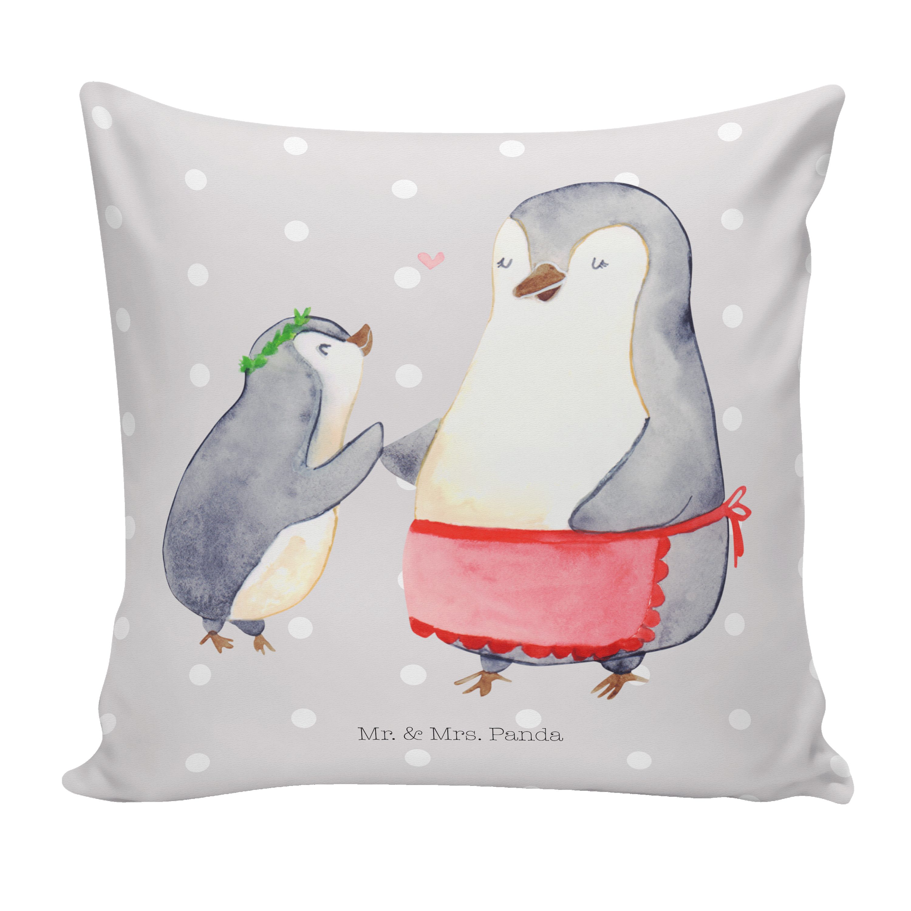 Mr. & Mrs. Panda Dekokissen Pinguin mit Kind - Grau Pastell - Geschenk, Dekokissen, Mom, Oma, Mam