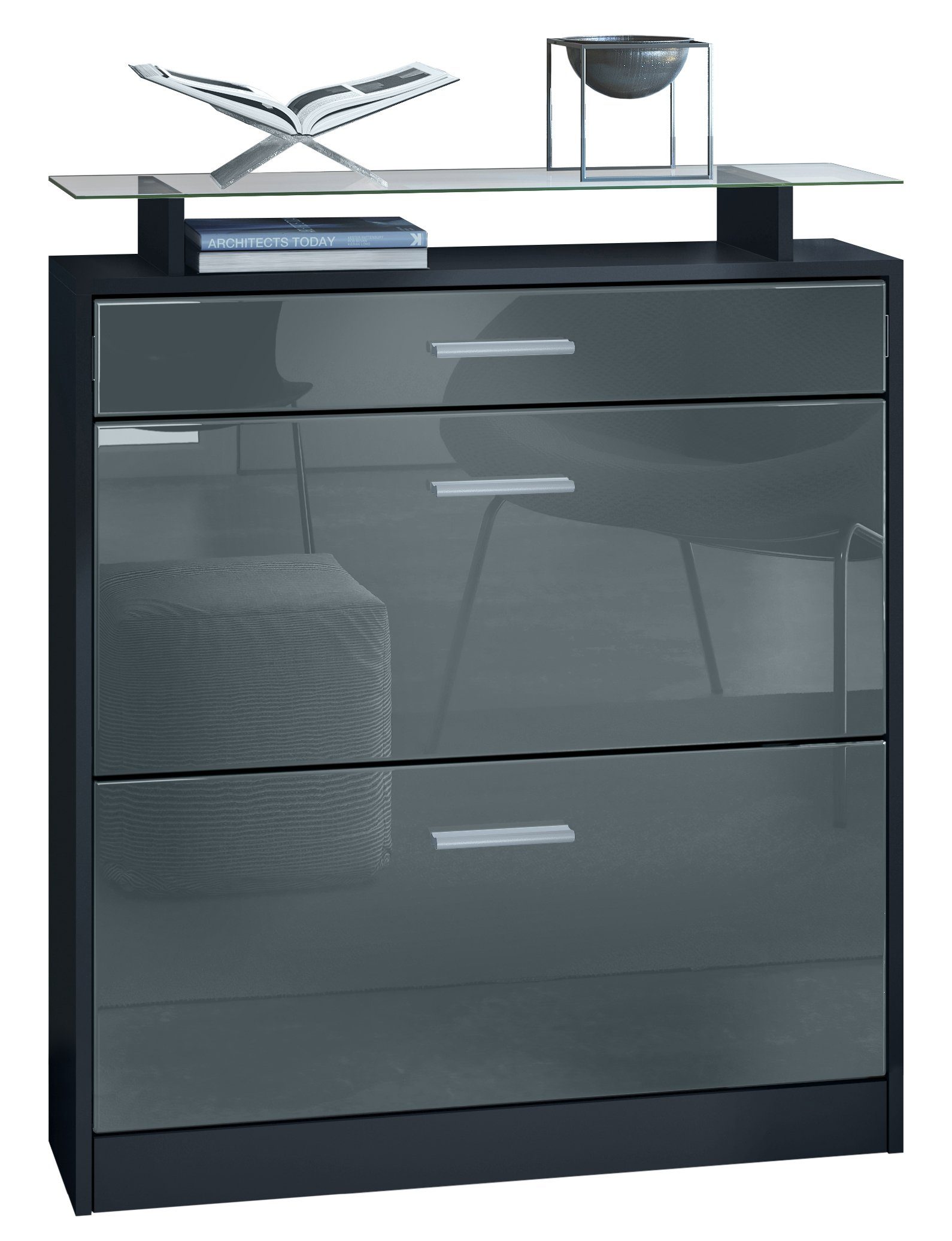Vladon Schuhschrank Loret (hängender Schuhkipper für 16 Paar Schuhe, mit 2 Klappen und 1 Schublade und Glasablage) Schwarz matt/Grau Hochglanz (89 x 104 x 23 cm)