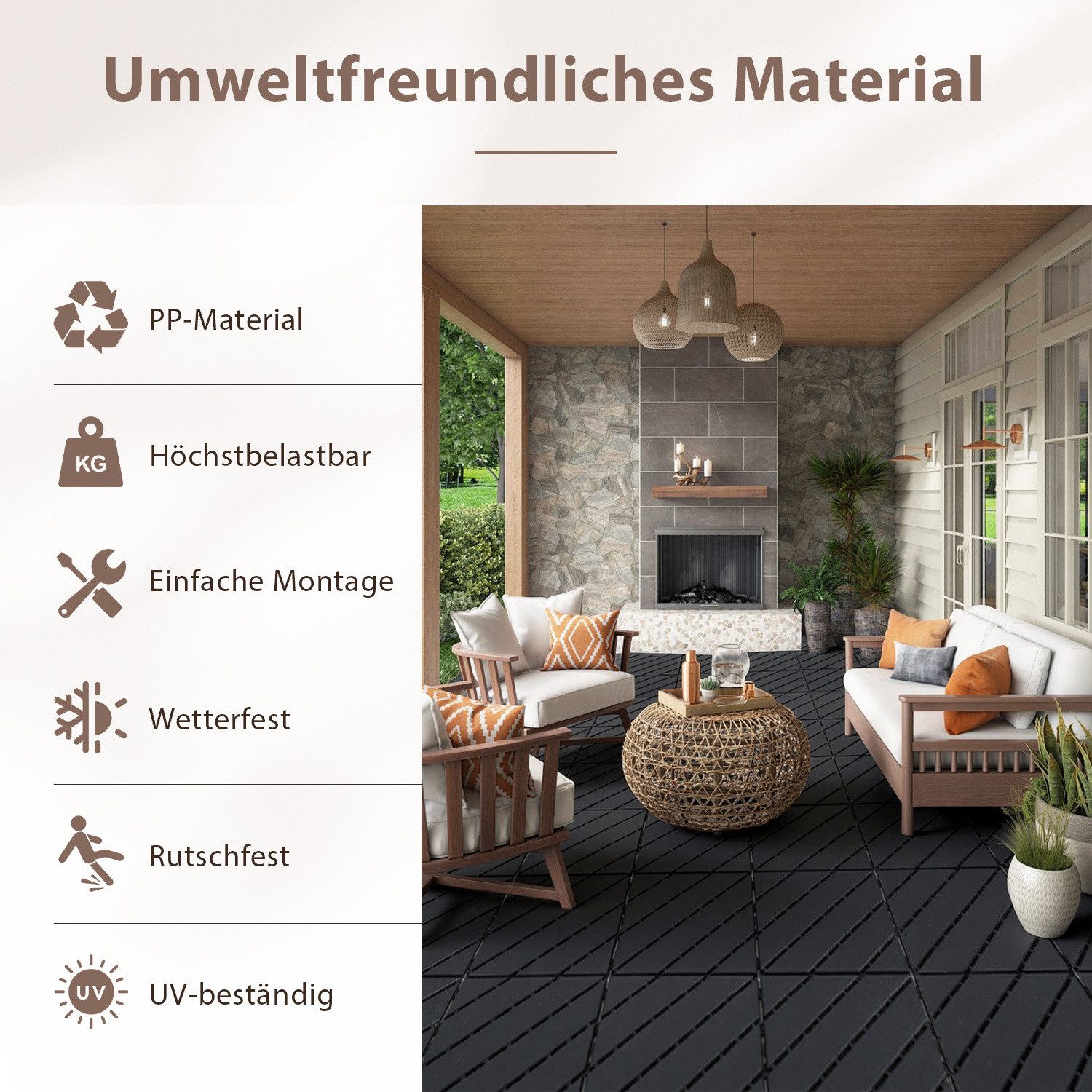 Clanmacy Terrassenplatte 88 Stück PP Terrassenfliesen 30x30 Langlebige Klickfliesen anthrazit, Kunststoff 30x30