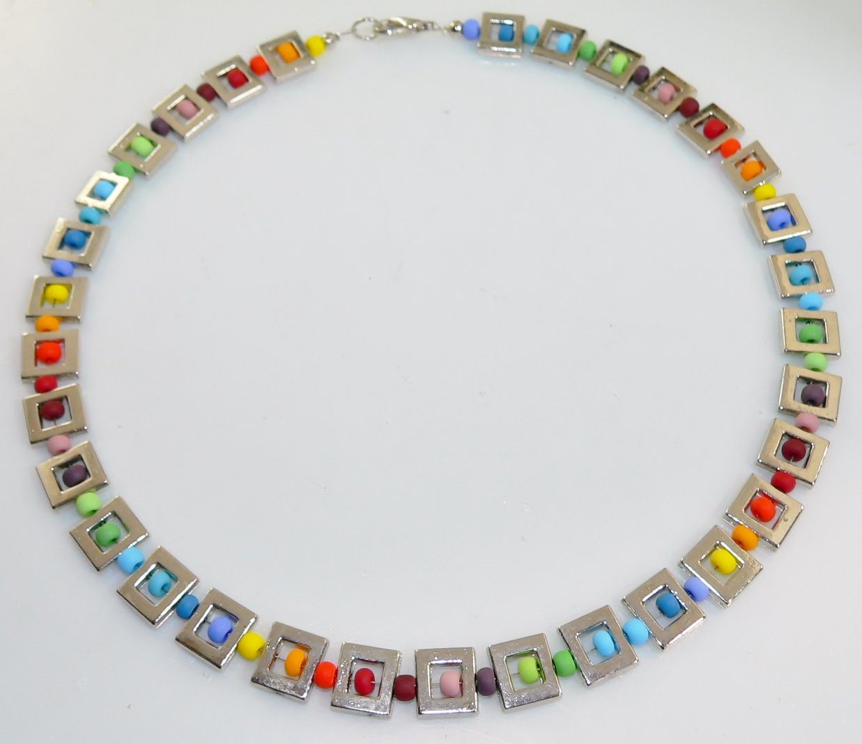 traumschmuck Collier 135z Halskette Kette Metallrahmen cube Glas Perlen bunt (incl. Schmuckbox), handgefertigt, Made in Germany
