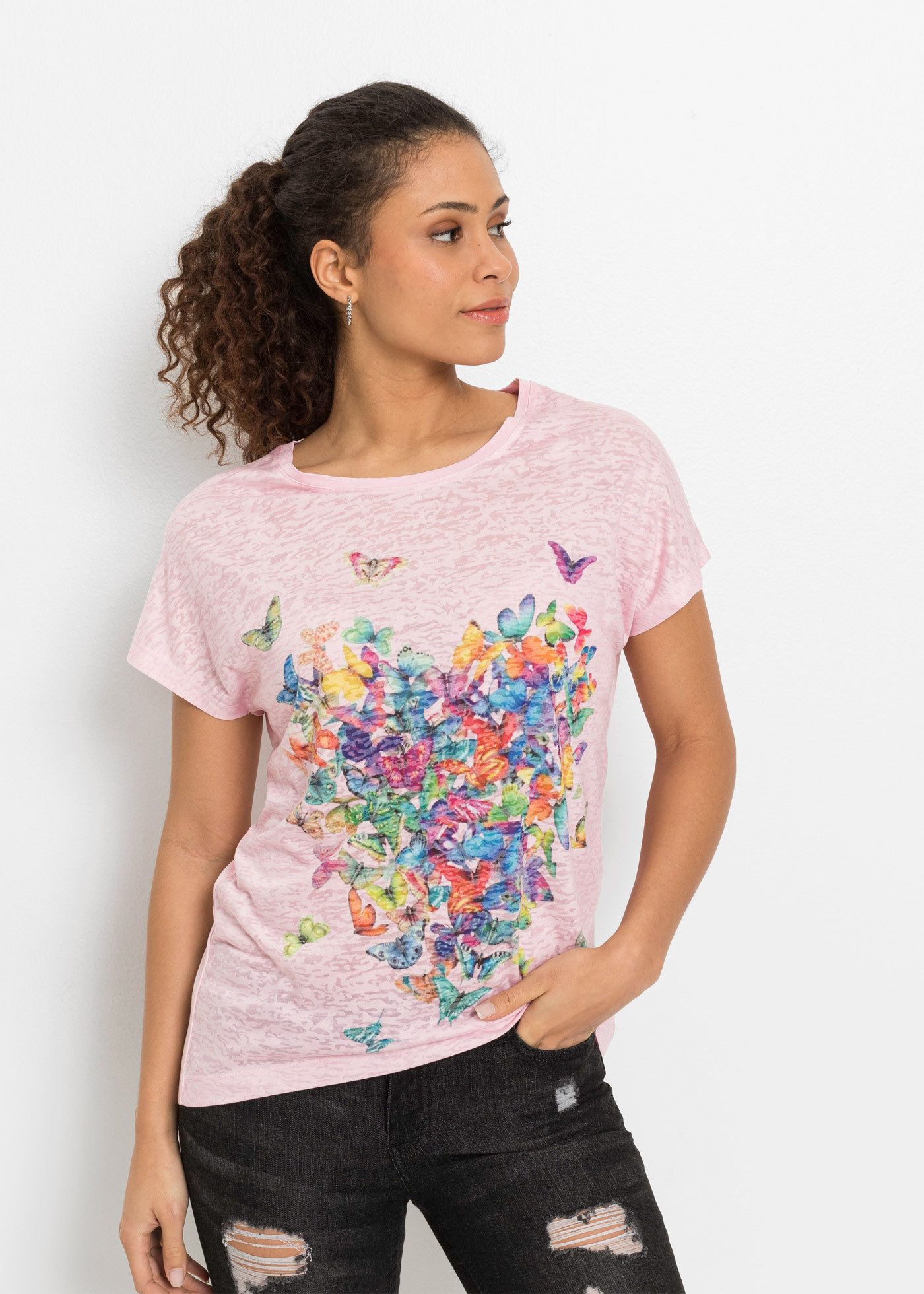 bonprix T-Shirt (1-tlg) toller Materialmix, überschnittene Schultern, hinte günstig online kaufen