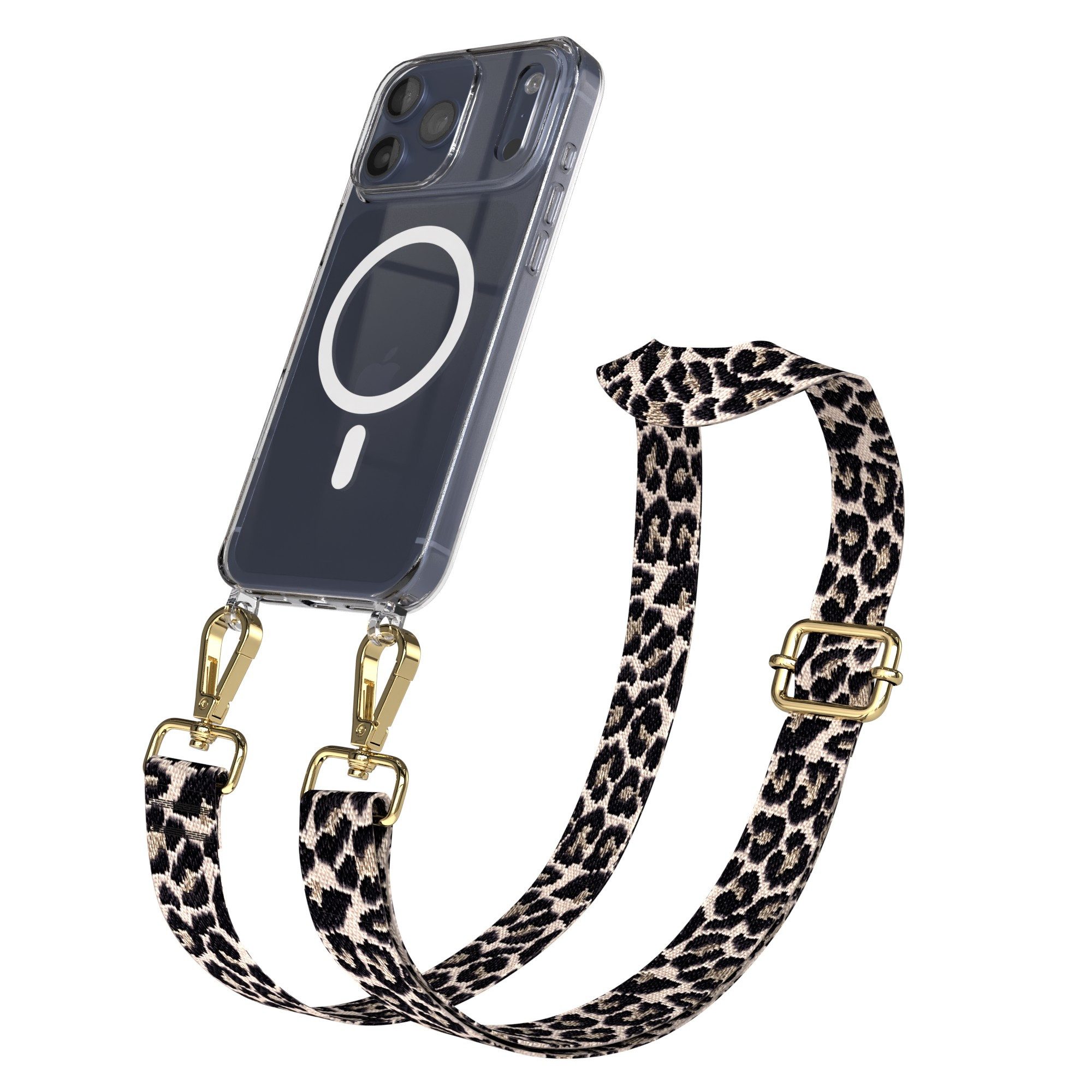 EAZY CASE Handykette Umhängeband MagSafe Hülle Apple iPhone 17 Pro Max 6,9 Zoll, Durchsichtige Hülle MagSafe mit Handyriemen Leo-Style Band Schwarz