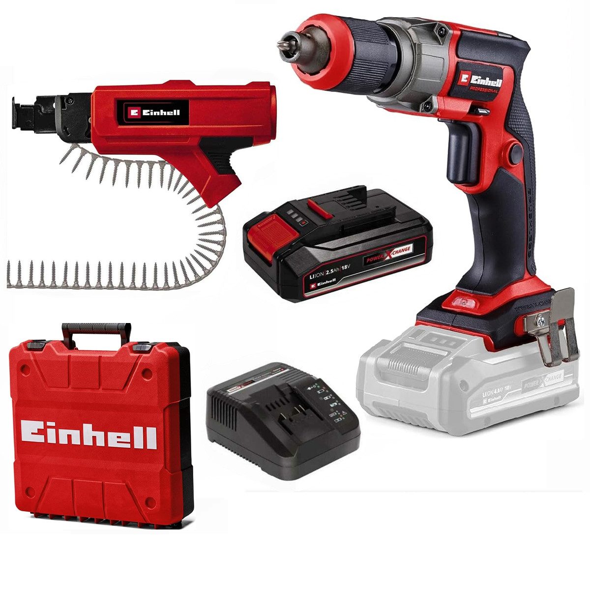 Einhell Akku-Trockenbauschrauber Trockenbauschrauber TE-DY 18 Li- BL Akku 2.5 Ah, Magazin, Koffer