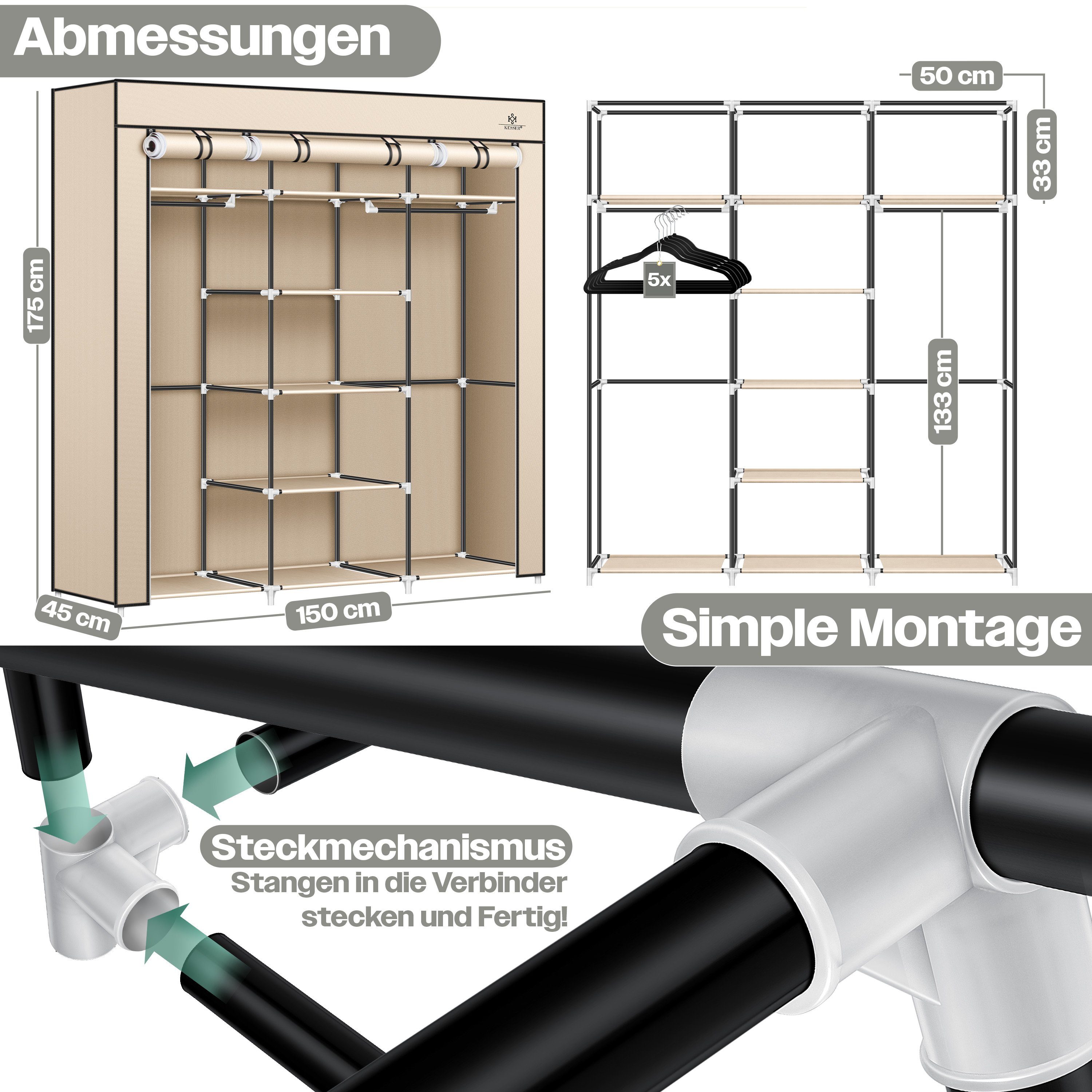 Ablagen Kleiderstange Kleiderschrank mit beige & Stabil KESSER Stoffschrank