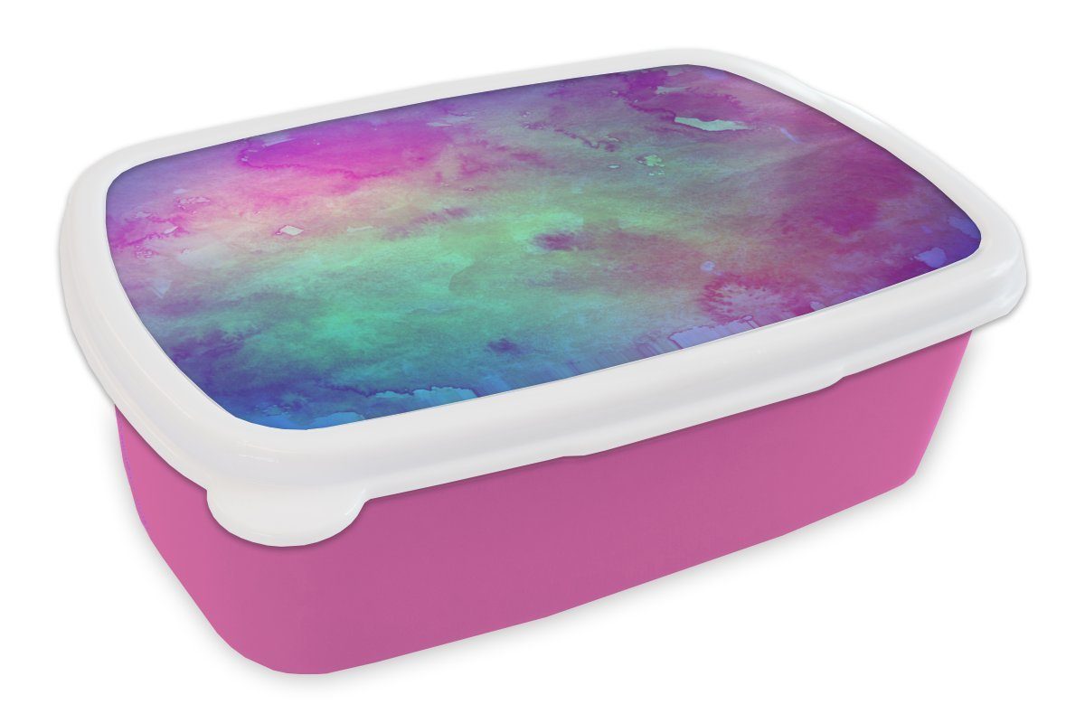 MuchoWow Lunchbox Aquarell - Grün - Lila, Kunststoff, (2-tlg), Brotbox für Erwachsene, Brotdose Kinder, Snackbox, Mädchen, Kunststoff rosa
