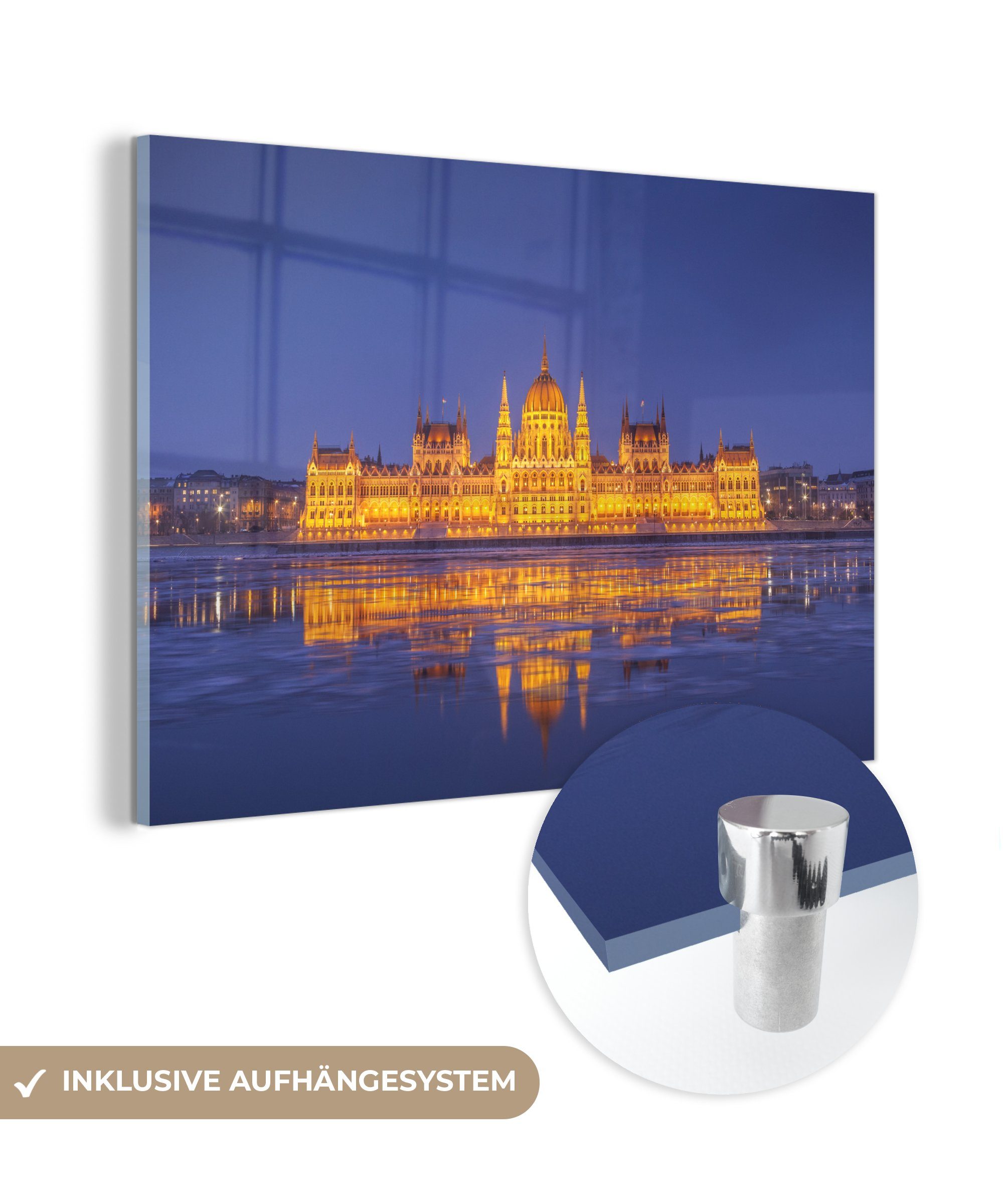 MuchoWow Acrylglasbild Eisplatten an der Donau mit Blick auf das ungarische Parlamentsgebäude, (1 St), Acrylglasbilder Wohnzimmer & Schlafzimmer