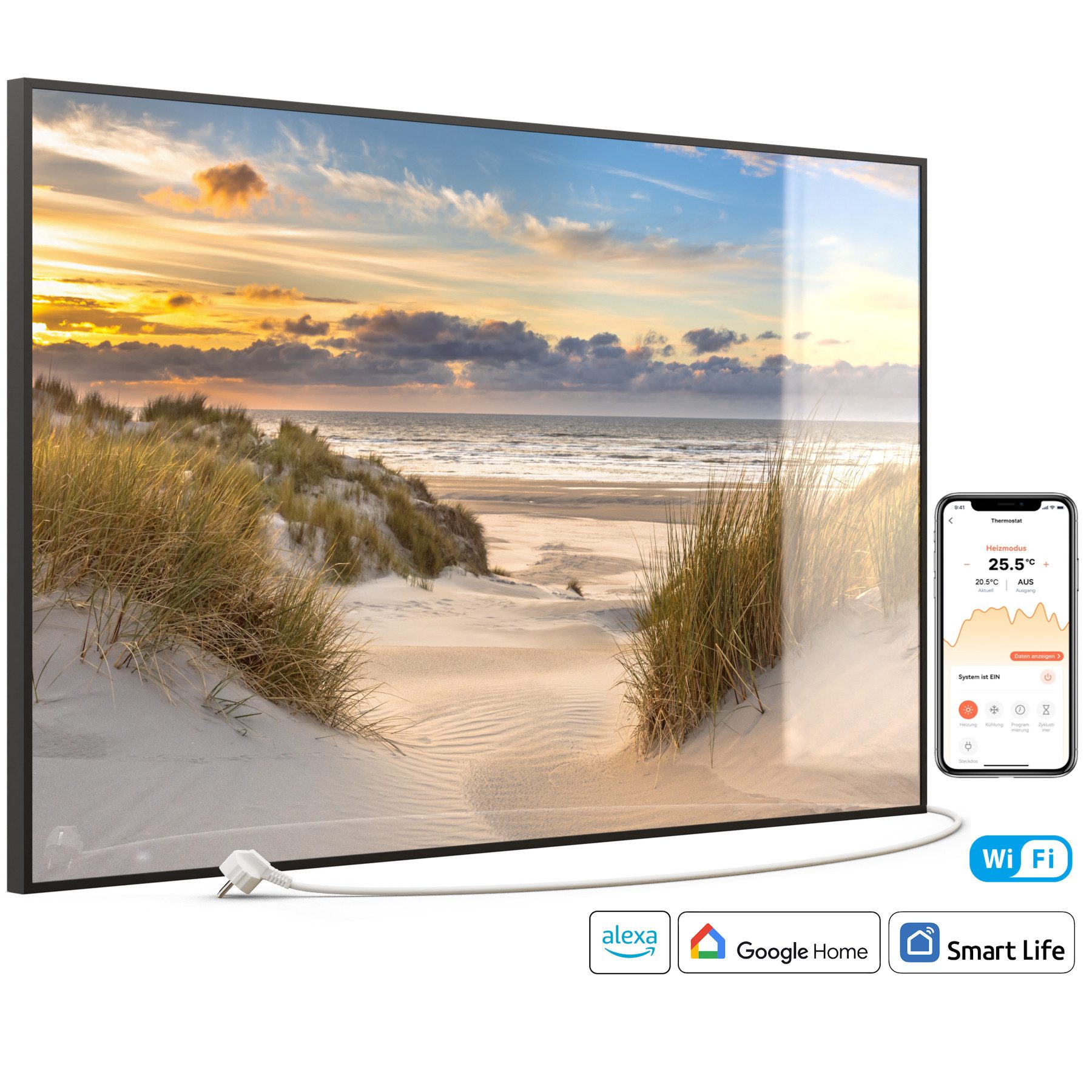 STEINFELD Heizsysteme Infrarotheizung Glas-Bild 900W, 120x74cm, Made in Germany, 7 Jahre Garantie, mit Thermostat, Schwarz