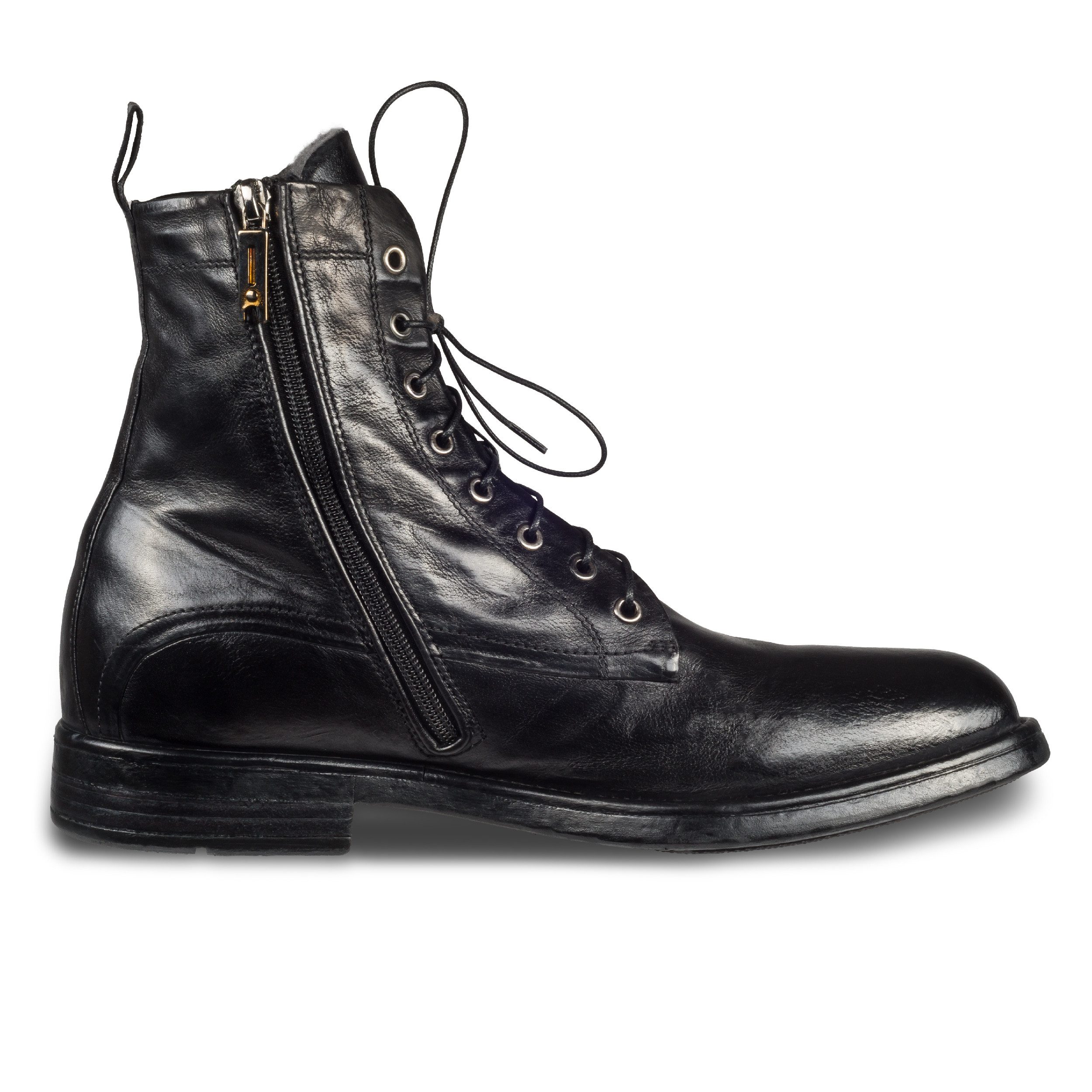 LEMARGO Leder Schnür-Boots schwarz stonewashed, Lammfell, Reißverschluß AB24A Stiefelette Handgefertigt in Italien