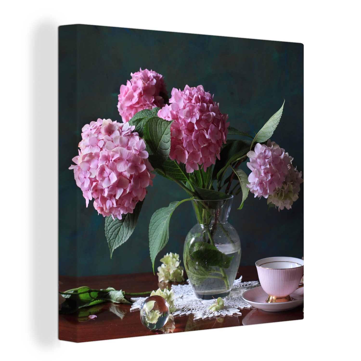 OneMillionCanvasses® Leinwandbild Vase mit Hortensien, (1 St), Leinwand Bilder für Wohnzimmer Schlafzimmer