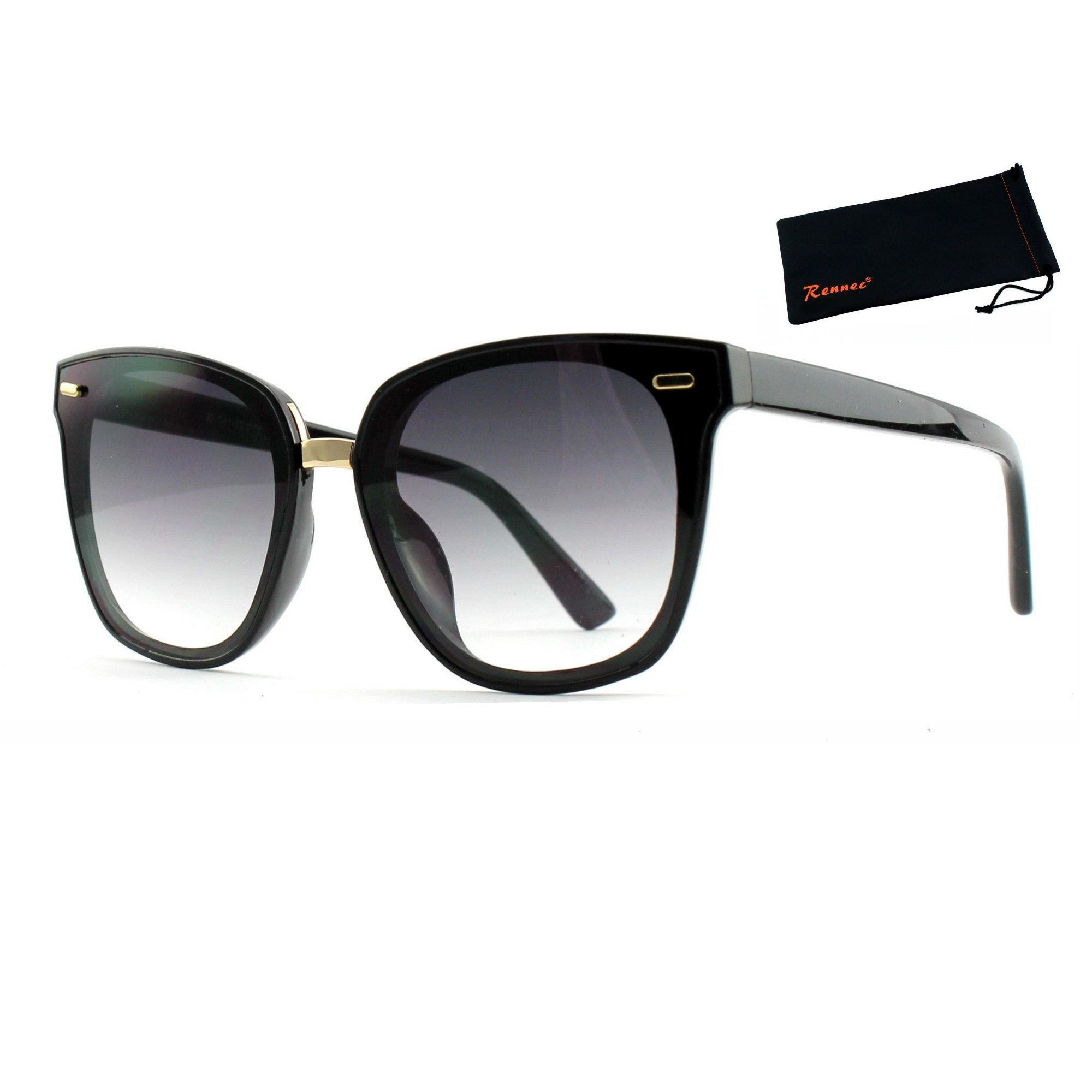 Rennec Sonnenbrille (Cateye Sonnenbrille Damen Groß Schwarz Gold mit Brillenbeutel) Katzenaugen Gläser Verspiegelt oder Getönt