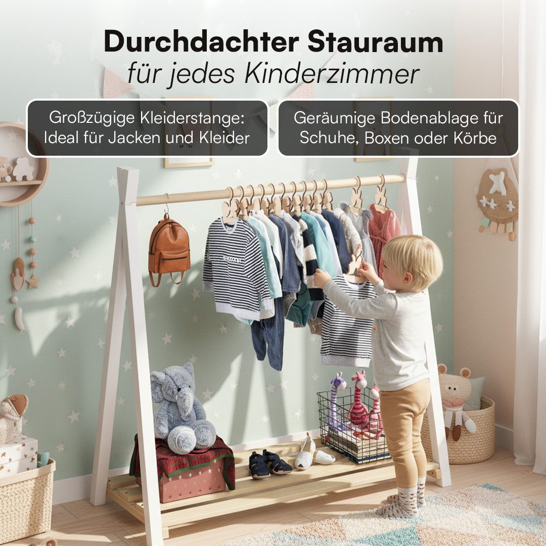 Bellabino Kleiderständer Ryck für Kinder im Tipi-Design, (mit weißen Beinen), Kindergarderobe mit Kleiderstange & Schuhablagefläche