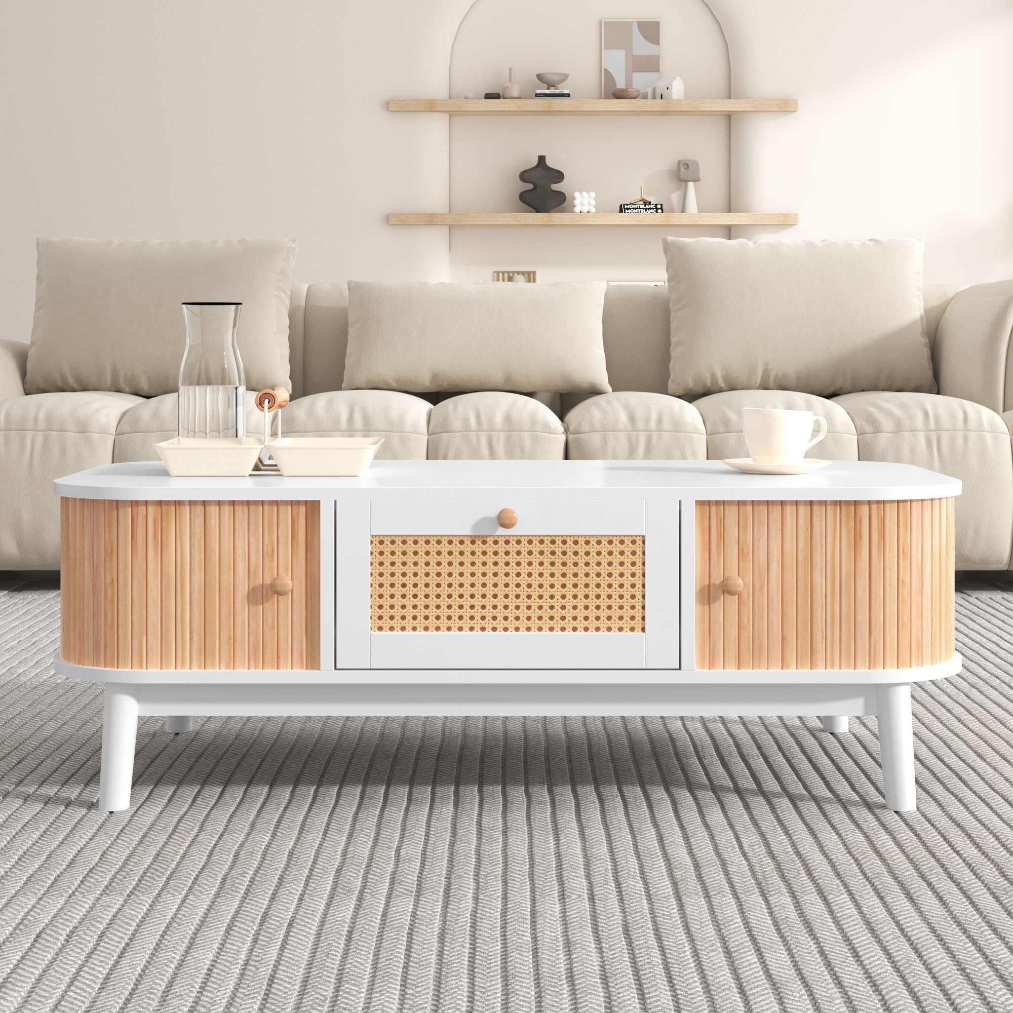 REDOM TV-Schrank Eleganter Couchtisch aus Naturholz (Rattan-Kaffeetisch, st günstig online kaufen