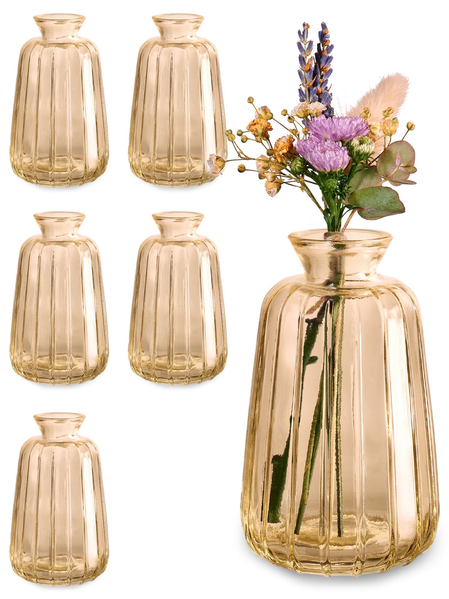 Minivasen Tischvase (Set, Runde - St), Glas Hochzeit für 6 - Praknu Vintage 6 Gold Tischdeko & Glasvasen Kleine - Stabile Blumenvasen Spülmaschinenfest