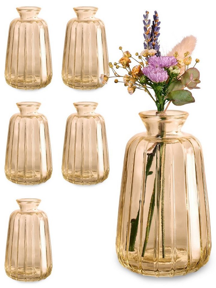 Praknu Tischvase 6 Vintage Glas Minivasen - Runde & Stabile Blumenvasen  (Set, 6 St), Spülmaschinenfest - Kleine Glasvasen für Hochzeit Tischdeko -  Gold