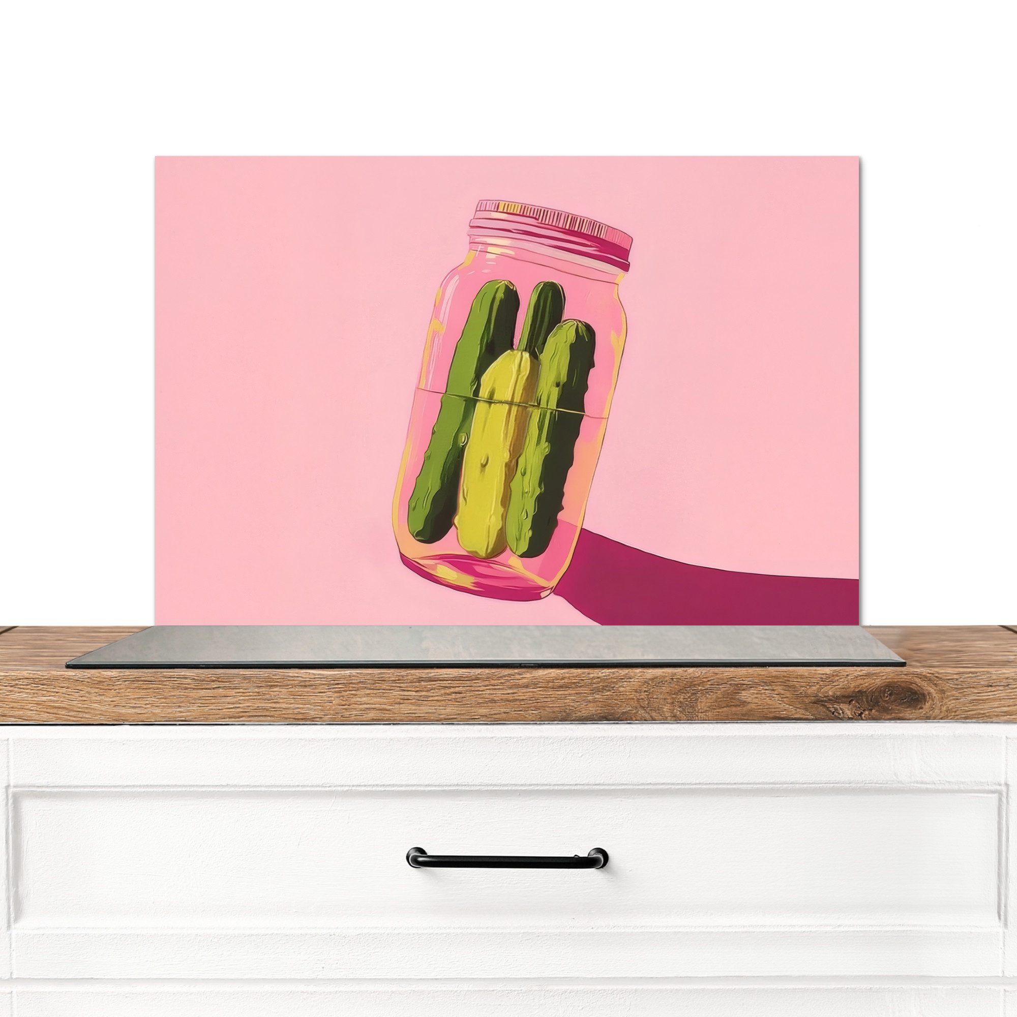 KitchenYeah Küchenrückwand Gewürzgurken - Topf - Farbton - Rosa, (1-tlg), Spritzschutz Küche, Küchendeko, 60x40 cm