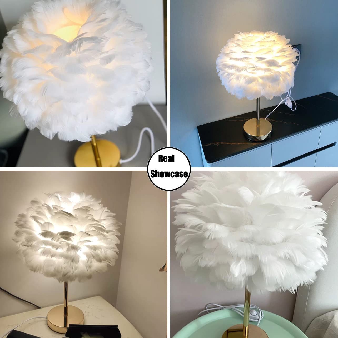 JDONG Tischleuchte Weiße kunstliche Feder, Deko Lampe Wohnzimmer 30/35cm, E27, 3000K Warmweiß, Nachttischlampe mit goldenem Sockel, Feder-Tischleuchte