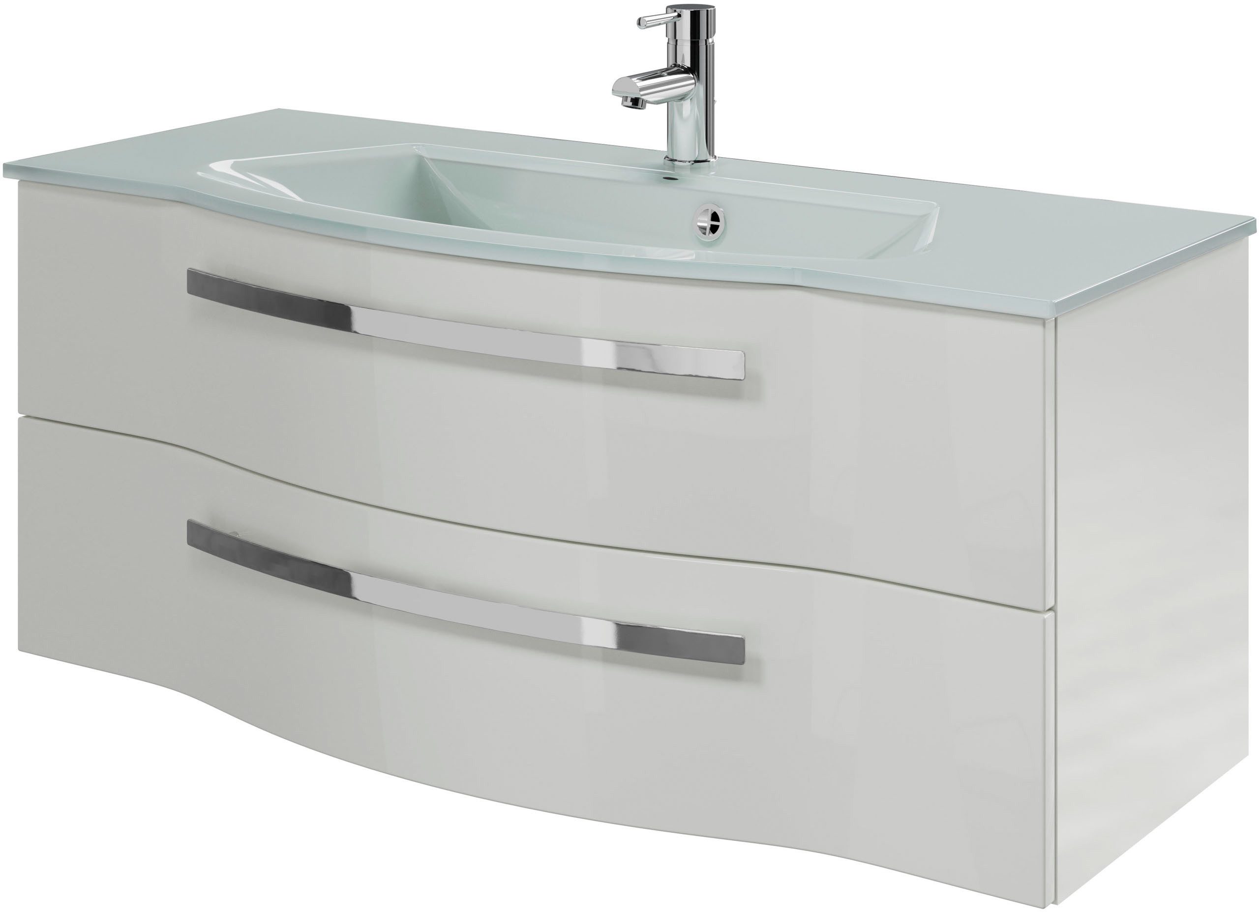 Saphir Badmöbel-Set Serie 4005, vormontiert, Glaswaschbecken, Spiegelschrank, (Set, 6-St), Badezimmer-Set mit Unterschrank, Hängeschrank, Midischrank, Türdämpfer