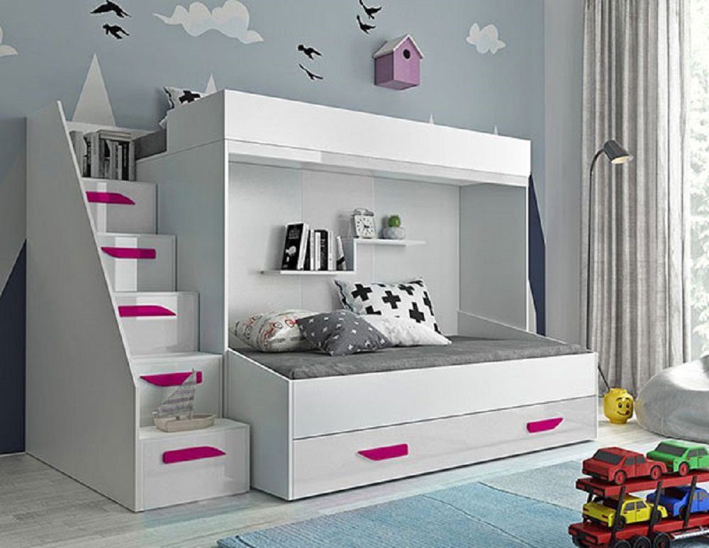 Feldmann-Wohnen Hochbett PARTY (Etagenbett, mit Bettschublade) Farbe wählbar weiß / weiß Hochglanz - Griffe pink