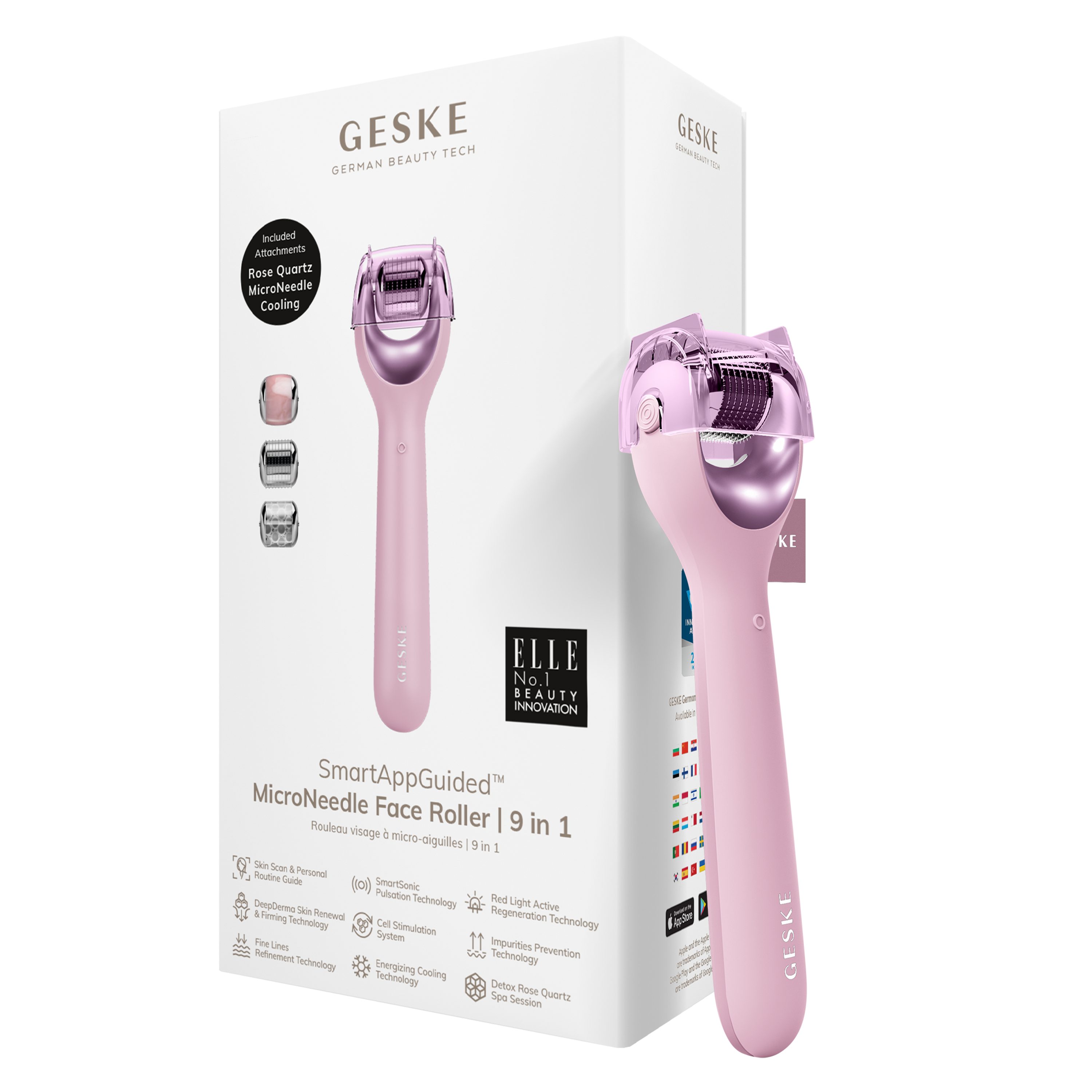 GESKE German Beauty Tech Micro-Needling SmartAppGuided™ MicroNeedle Face Roller 9 in 1, Packung (Gerät & USB-Ladekabel), 2-tlg., Gerät inkl. kostenloser APP (SmartAppGuided Device), Mit der GESKE App erhältst Du deine personalisierte Hautpflegeroutine. Pink