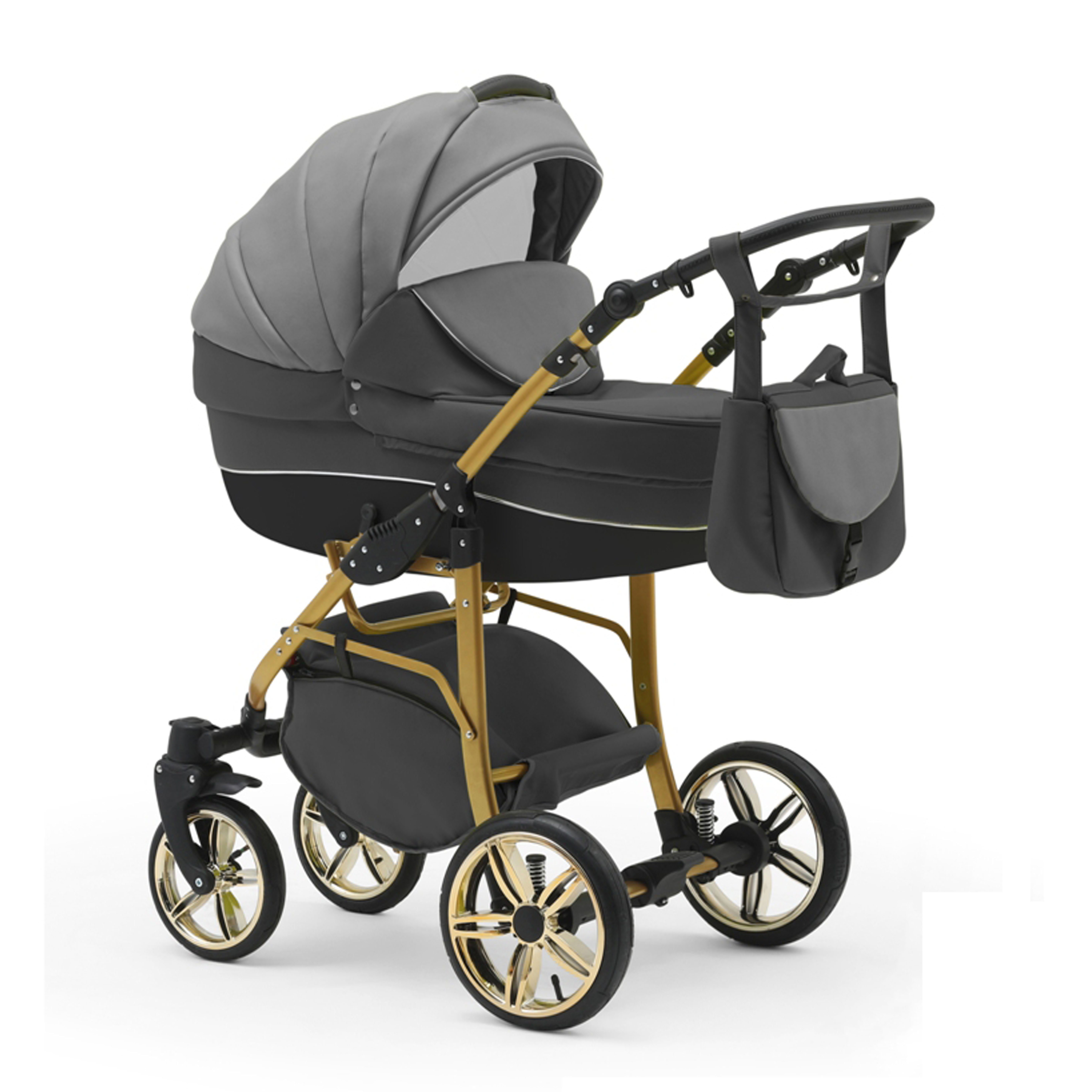 babies-on-wheels Kombi-Kinderwagen 2 in 1 Kinderwagen-Set Cosmo Gold - 13 Teile - in 46 Farben Grau-Dunkelgrau | Kombikinderwagen