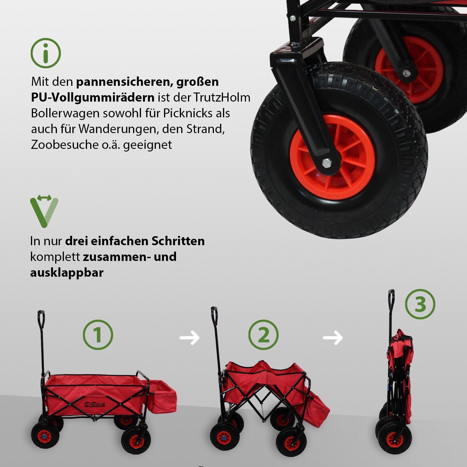TRUTZHOLM Bollerwagen faltbar mit Dach, PU-Rädern, Hecktasche und Teleskopgriff