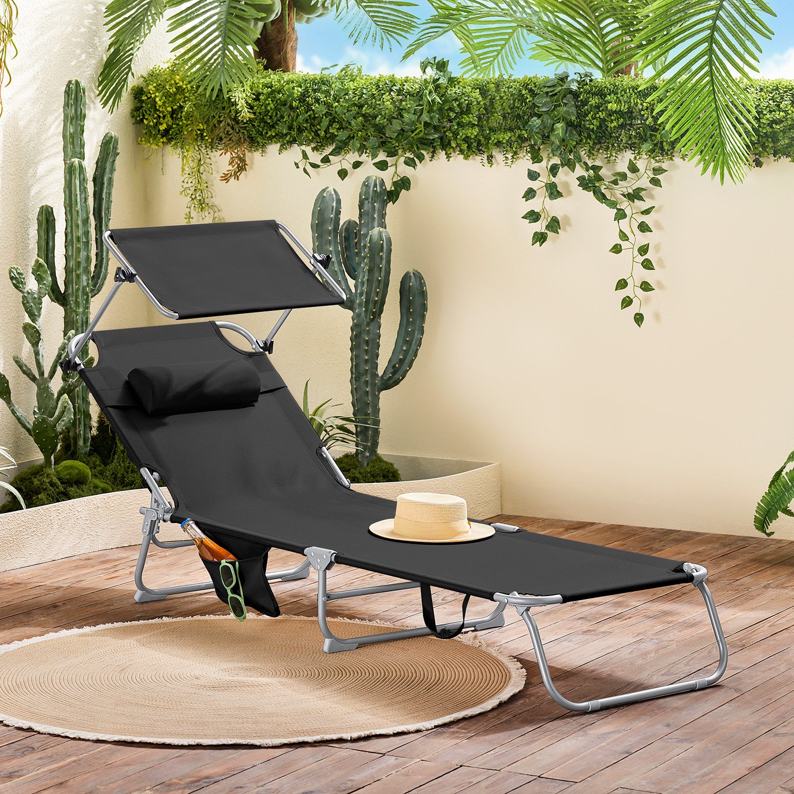 SoBuy Gartenliege OGS48, Sonnenliege klappbar, Liegestuhl Strandliege Gartenmöbel, Sonnenliege mit Sonnendach Gartenliege klappbar für Gärten Balkon