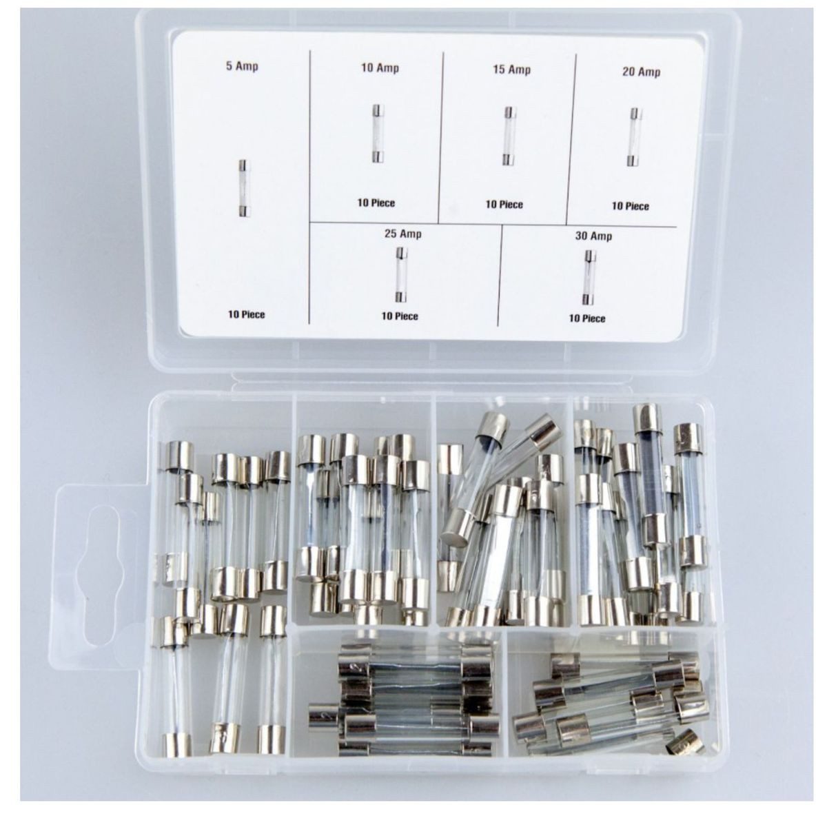 Benson Tools Kfz-Sicherungshalter Sortiment Glassicherungen 60tlg. 5-30A KFZ Sicherungen Feinsicherungen, (60-St), Lieferung in 12x8x2,5cm Sortimentsbox