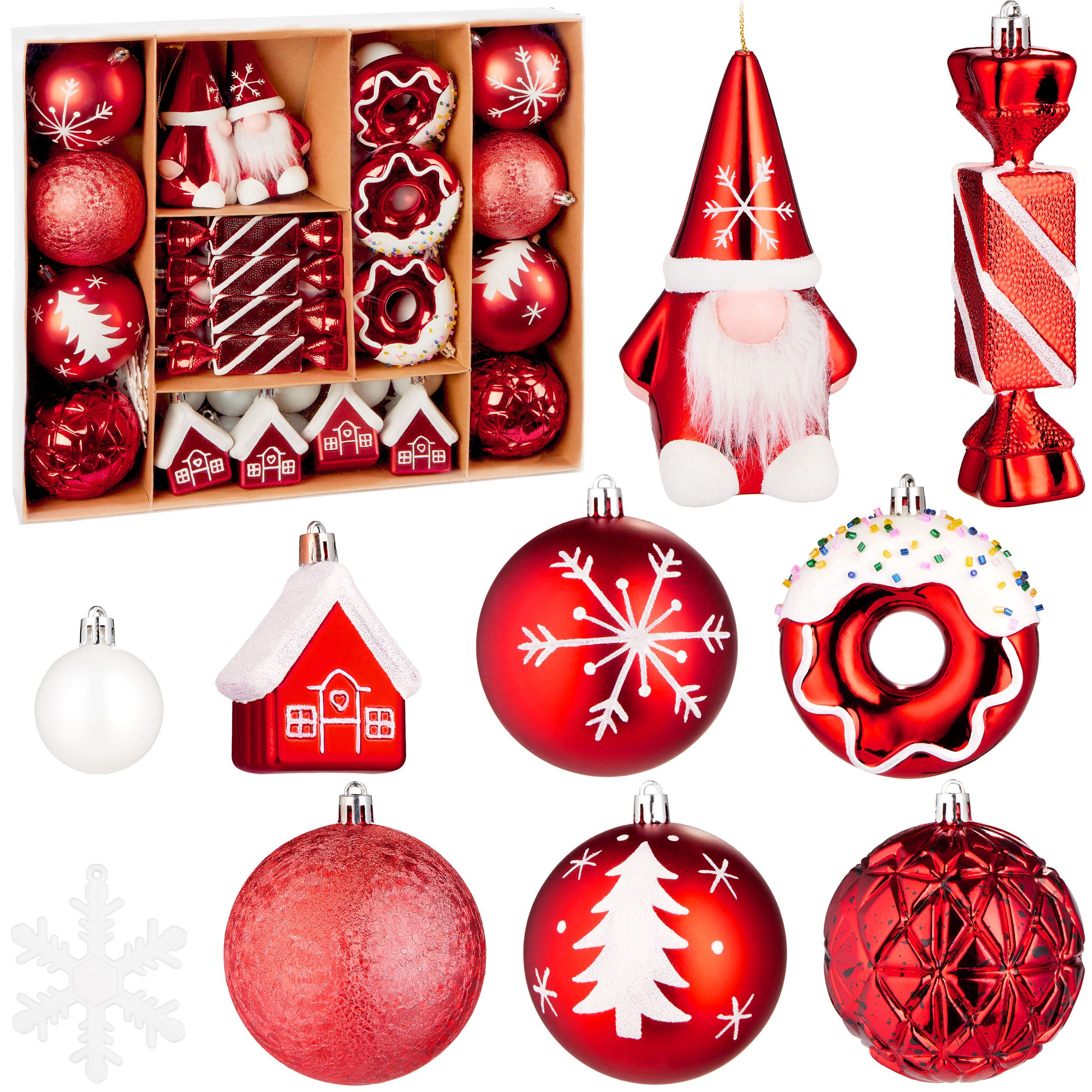 BRUBAKER Christbaumschmuck 64 Stück Christbaumschmuck - Baumschmuck Weihnachtskugel Set (64-tlg), mit Donuts, Häuser, Schneeflocken, Kugeln und Bonbons - Baumkugel