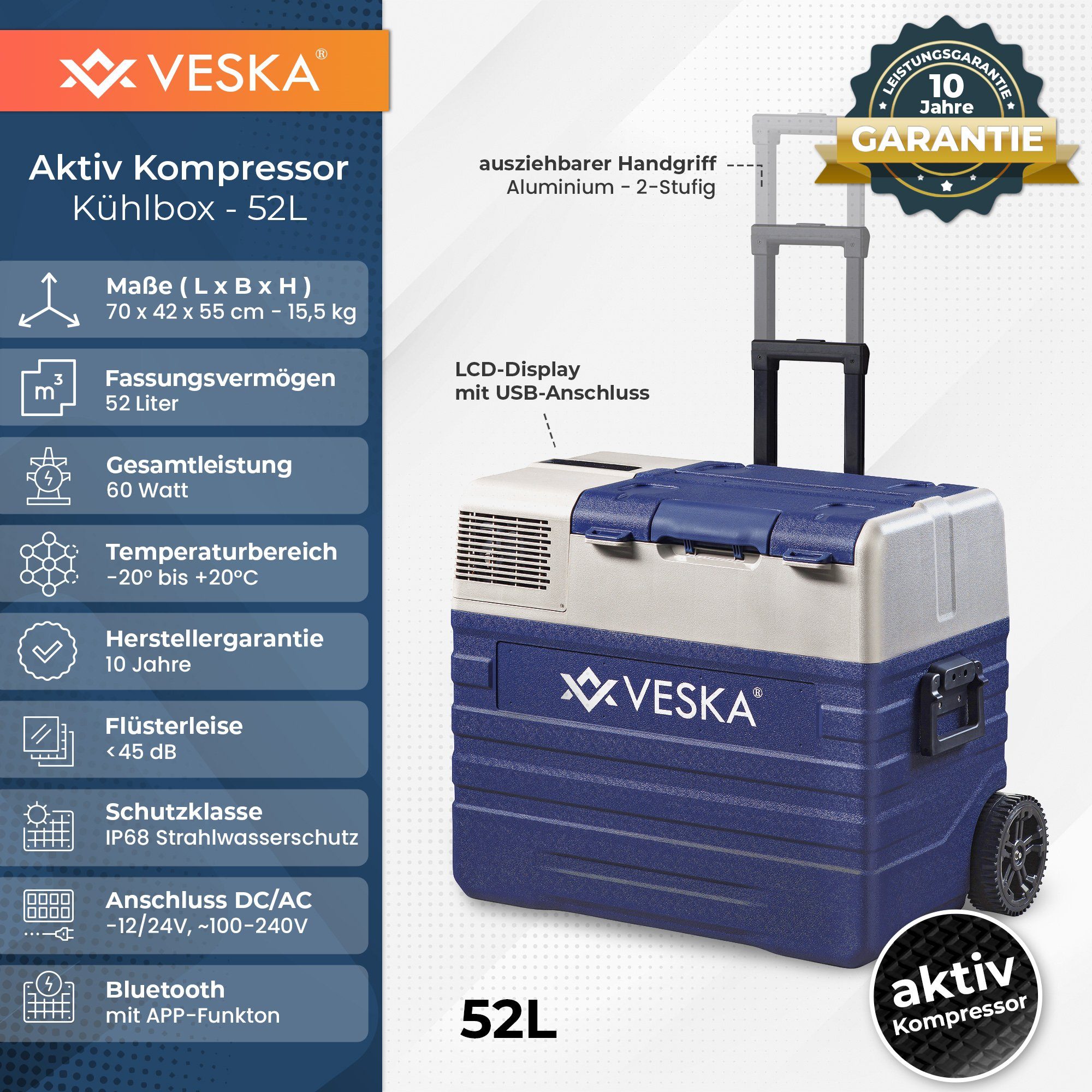 VESKA Elektrische Kühlbox Kompressor Gefriertruhe mobiler Kühlschrank, Kühltruhe, Gefrierbox, 12V/24V, 230V, für Auto, Lkw, Boot, Wohnwagen, Camping