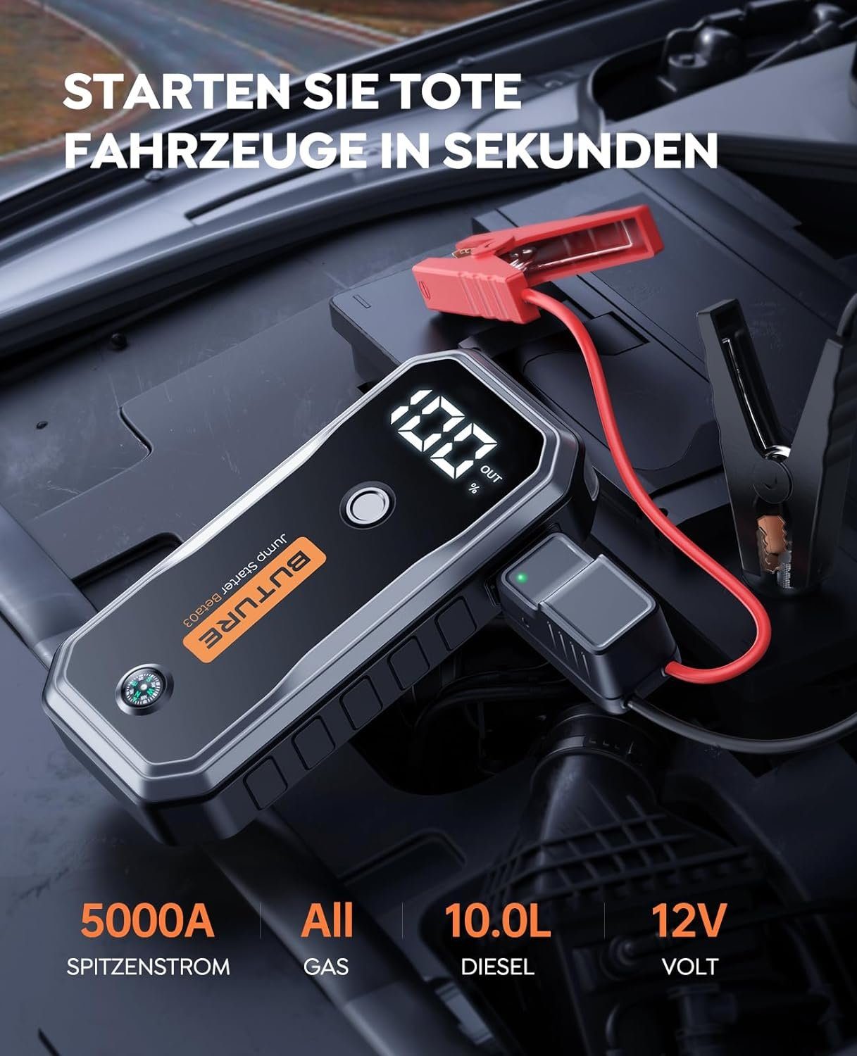 YaberAuto Starthilfe Powerbank 4000A Spitzenstrom 26800mAh Auto