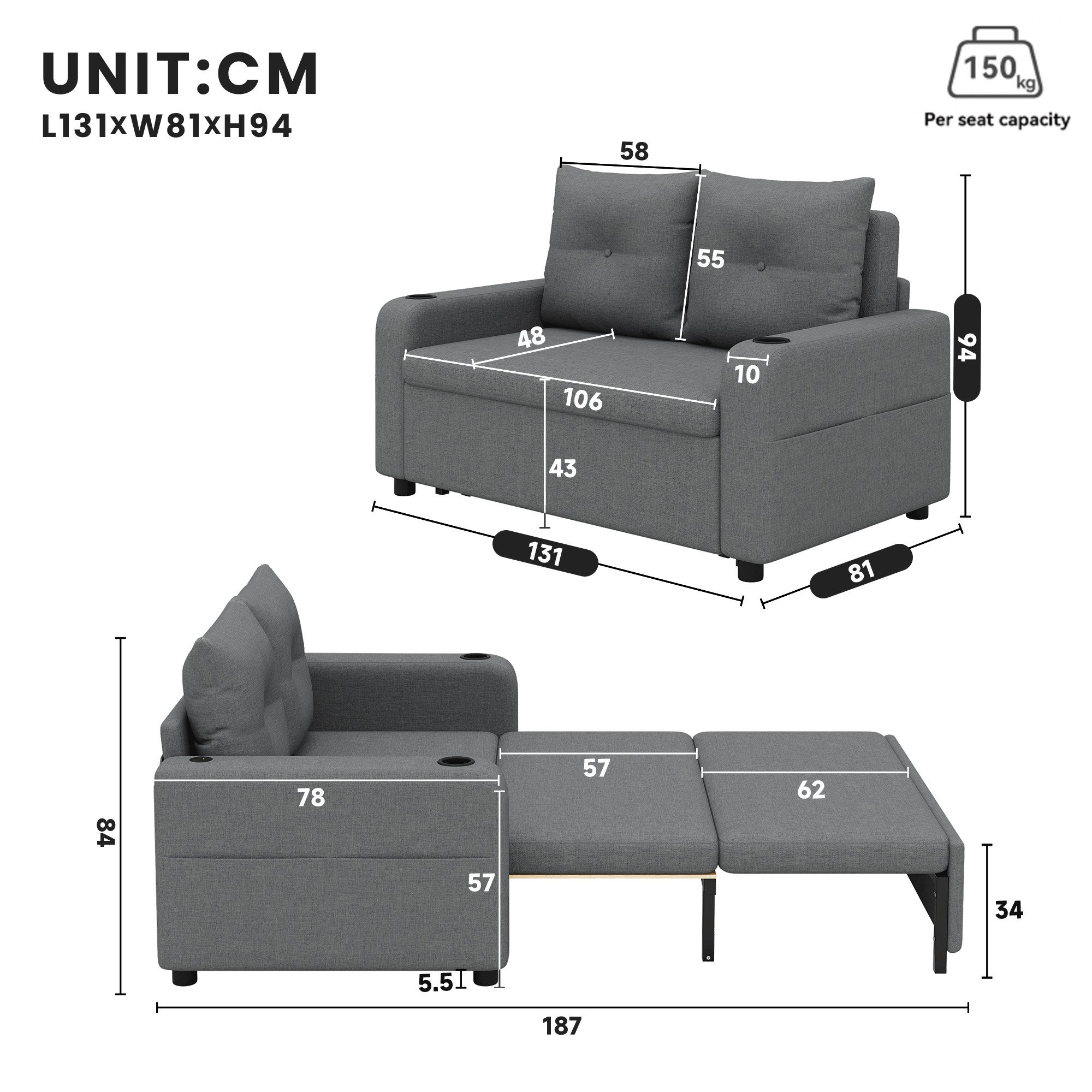 Merax Schlafsofa 3-in-1 Sofa mit ausziehbarem Bett und USB- & Type-C-Anschluss, Modernes Sofa für Wohnzimmer und Schlafzimmer 1 Teile, Doppelsofa Sofabett mit Getränkehaltern, Seitentaschen & Rückenkissen